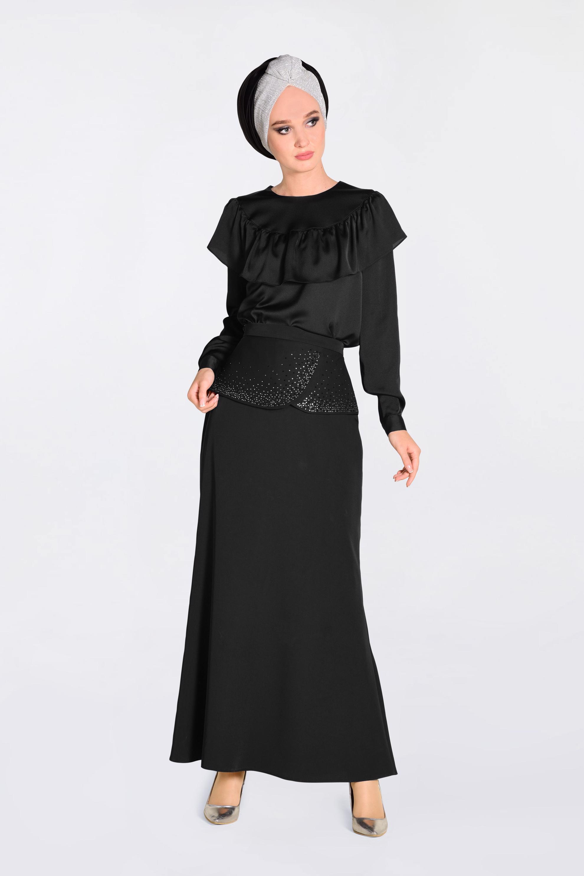 Tesettür giyim SİYAH TAŞ DETAYLI BALIK ETEK 6204