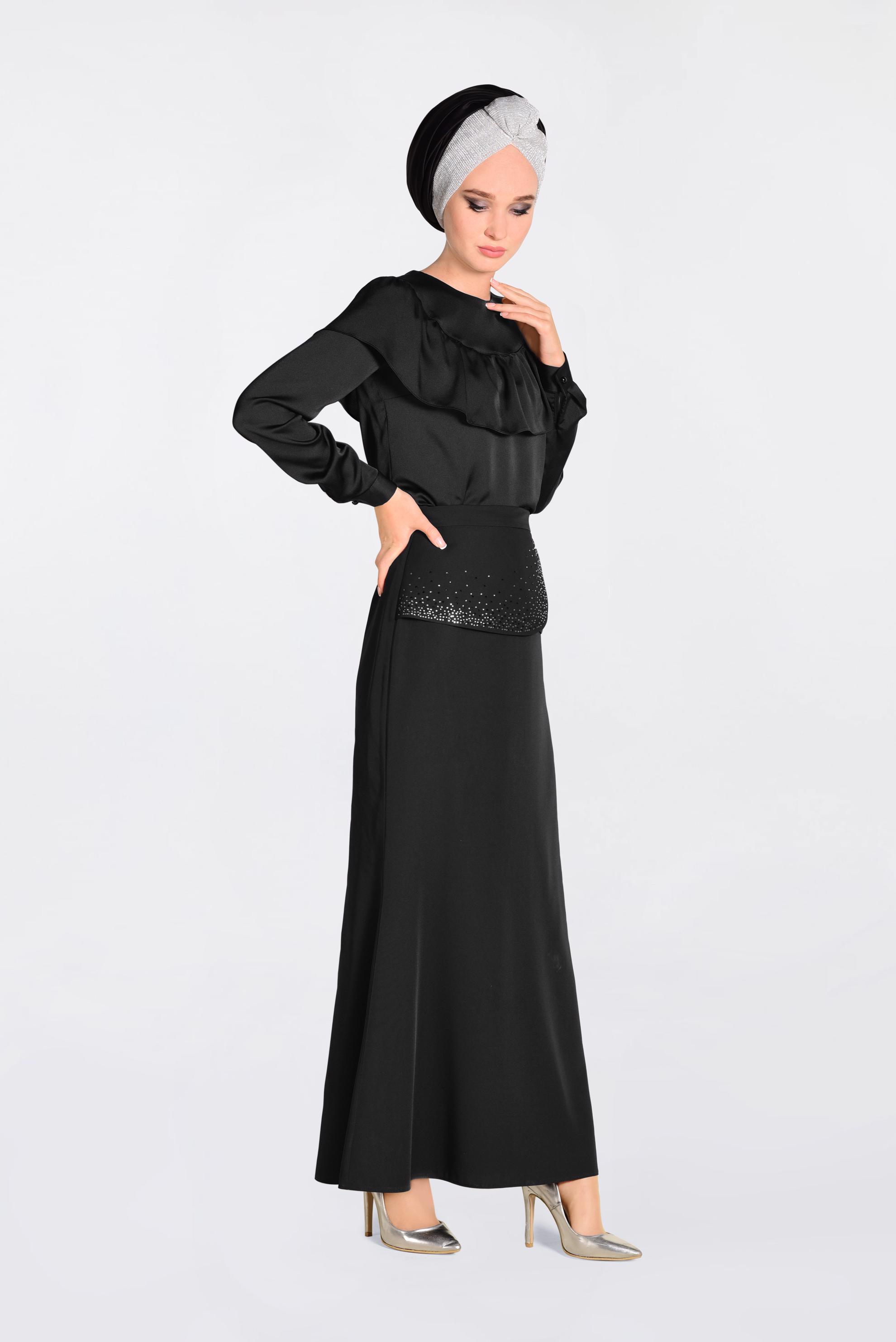 Tesettür giyim SİYAH TAŞ DETAYLI BALIK ETEK 6204
