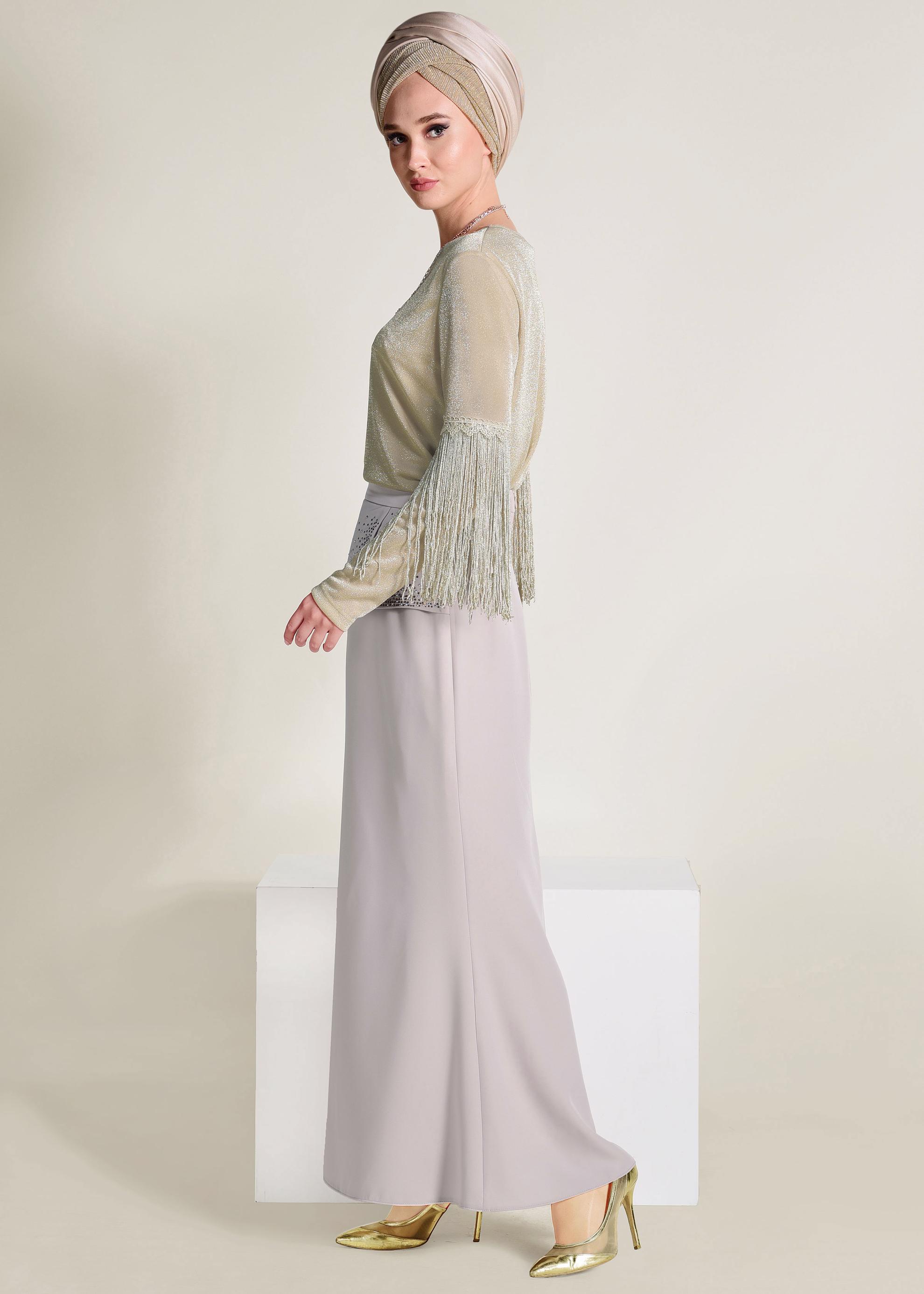 Tesettür giyim BEJ TAŞ DETAYLI BALIK ETEK 6204