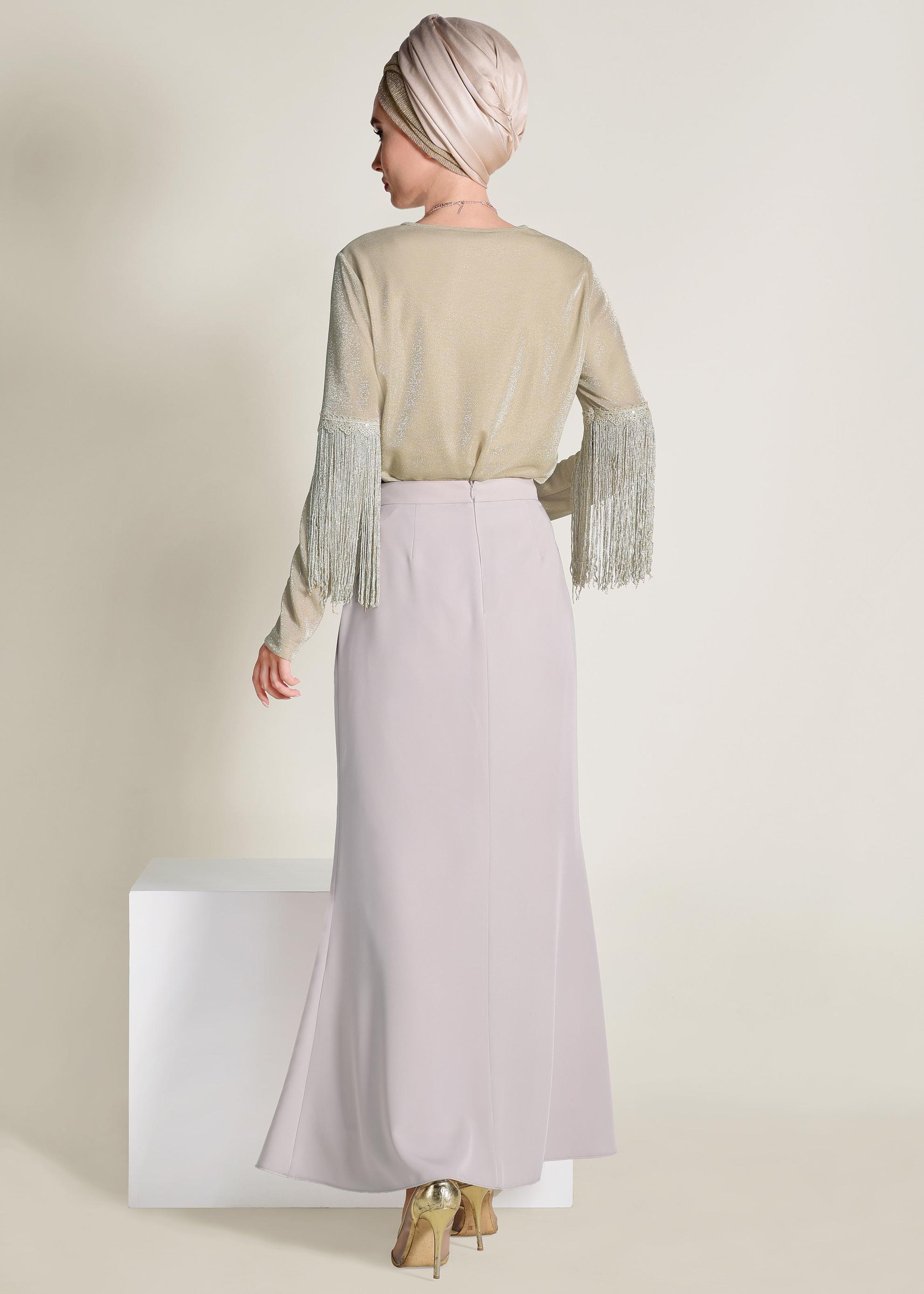 Tesettür giyim BEJ TAŞ DETAYLI BALIK ETEK 6204