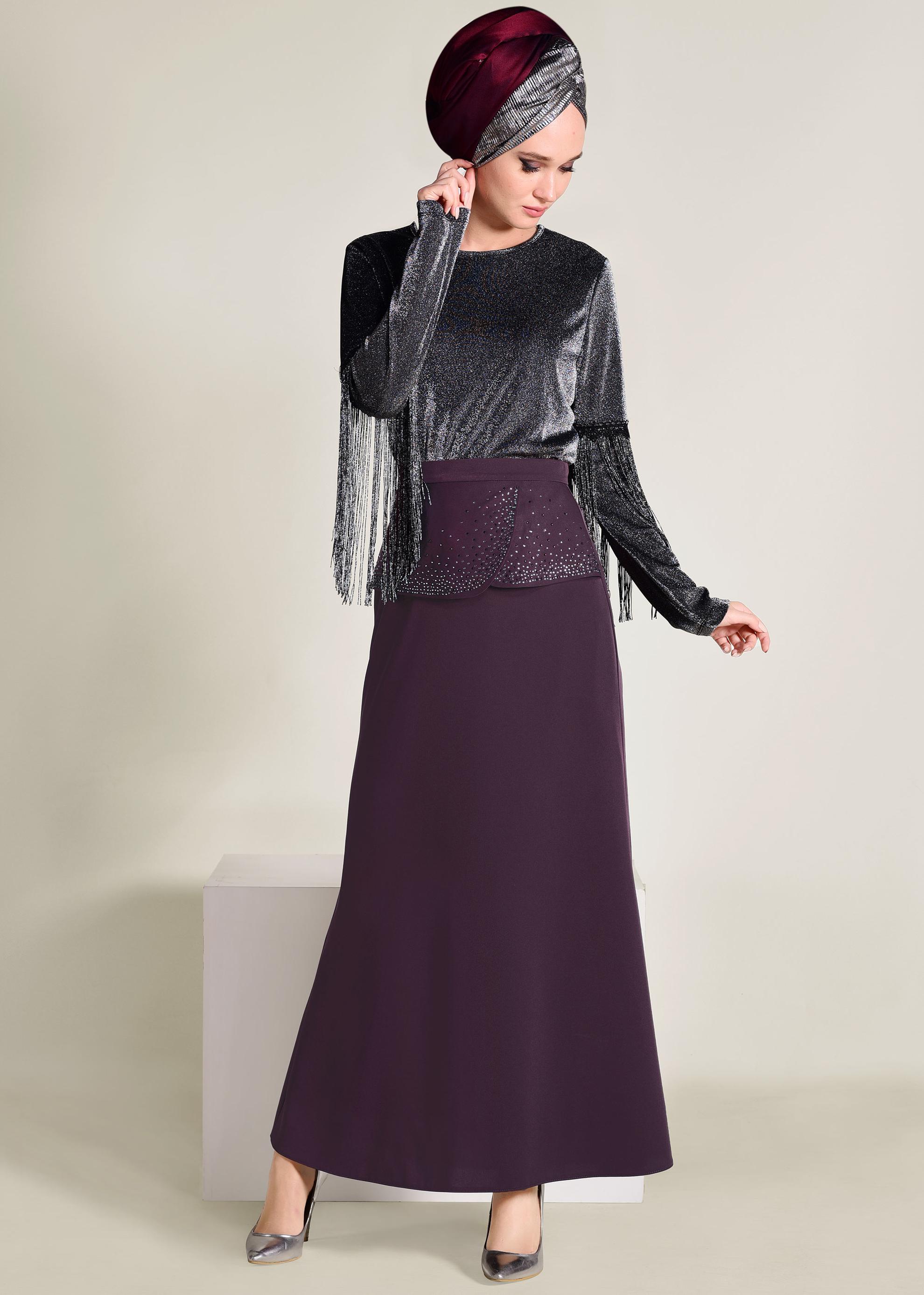 Tesettür giyim MÜRDÜM TAŞ DETAYLI BALIK ETEK 6204