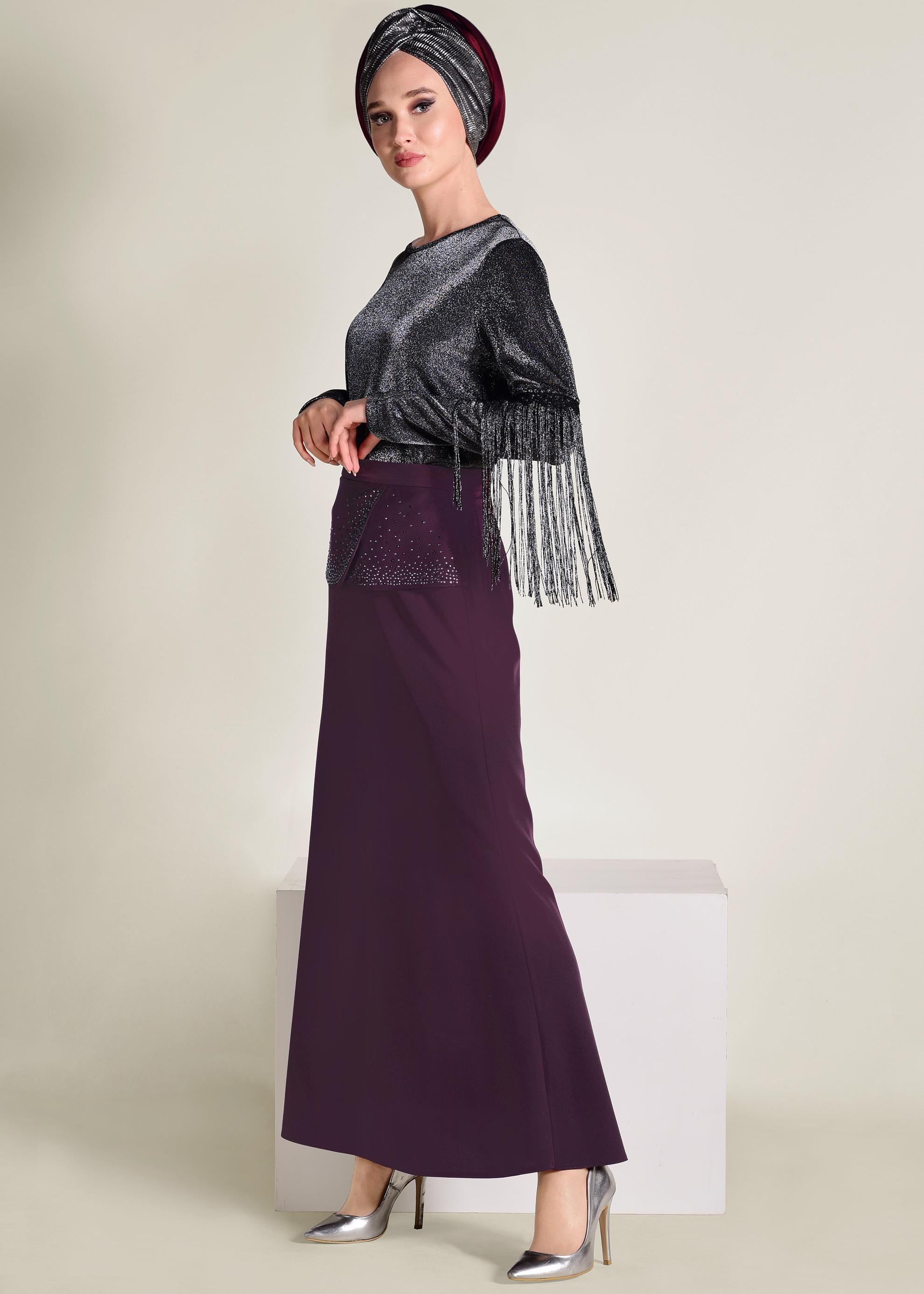 Tesettür giyim MÜRDÜM TAŞ DETAYLI BALIK ETEK 6204