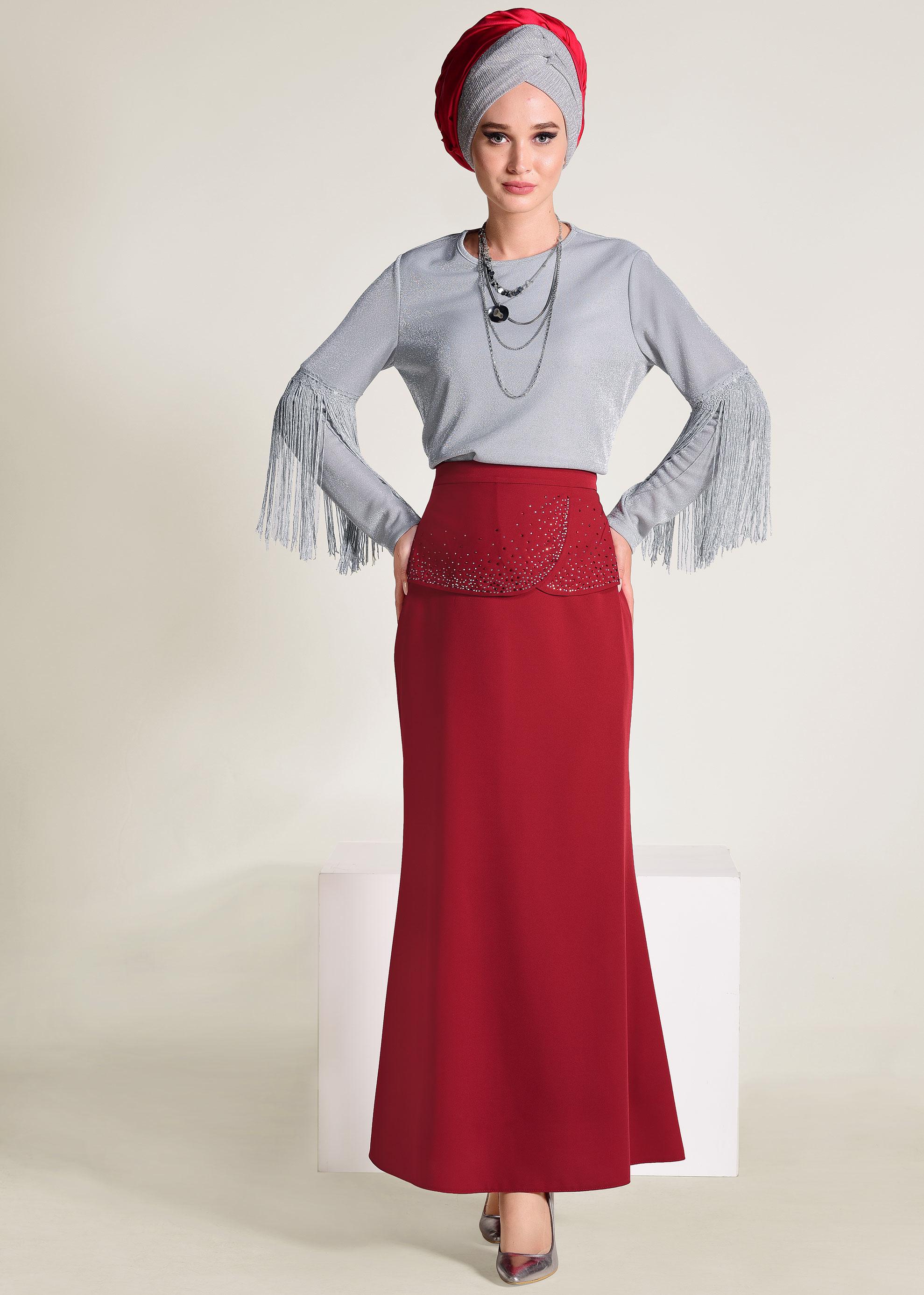 Tesettür giyim KIRMIZI TAŞ DETAYLI BALIK ETEK 6204