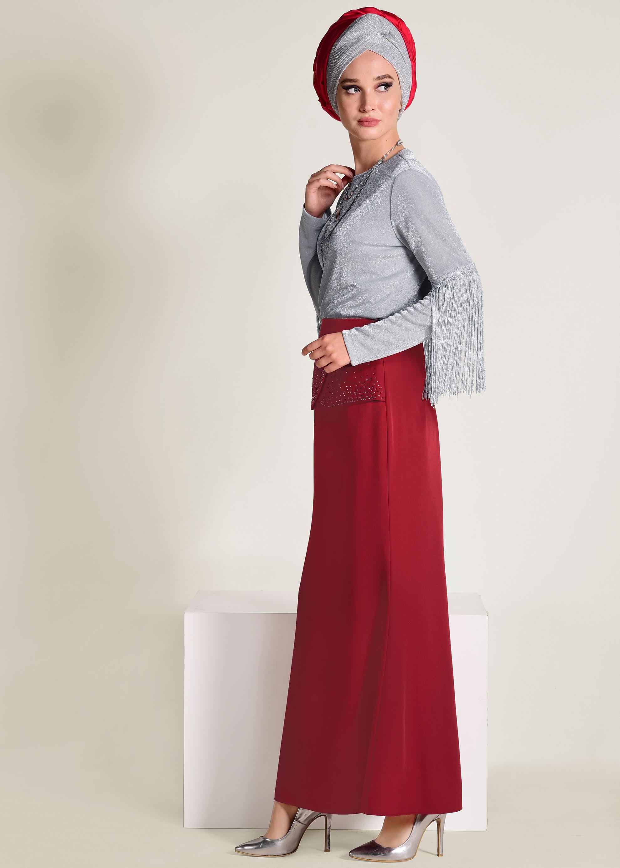 Tesettür giyim KIRMIZI TAŞ DETAYLI BALIK ETEK 6204
