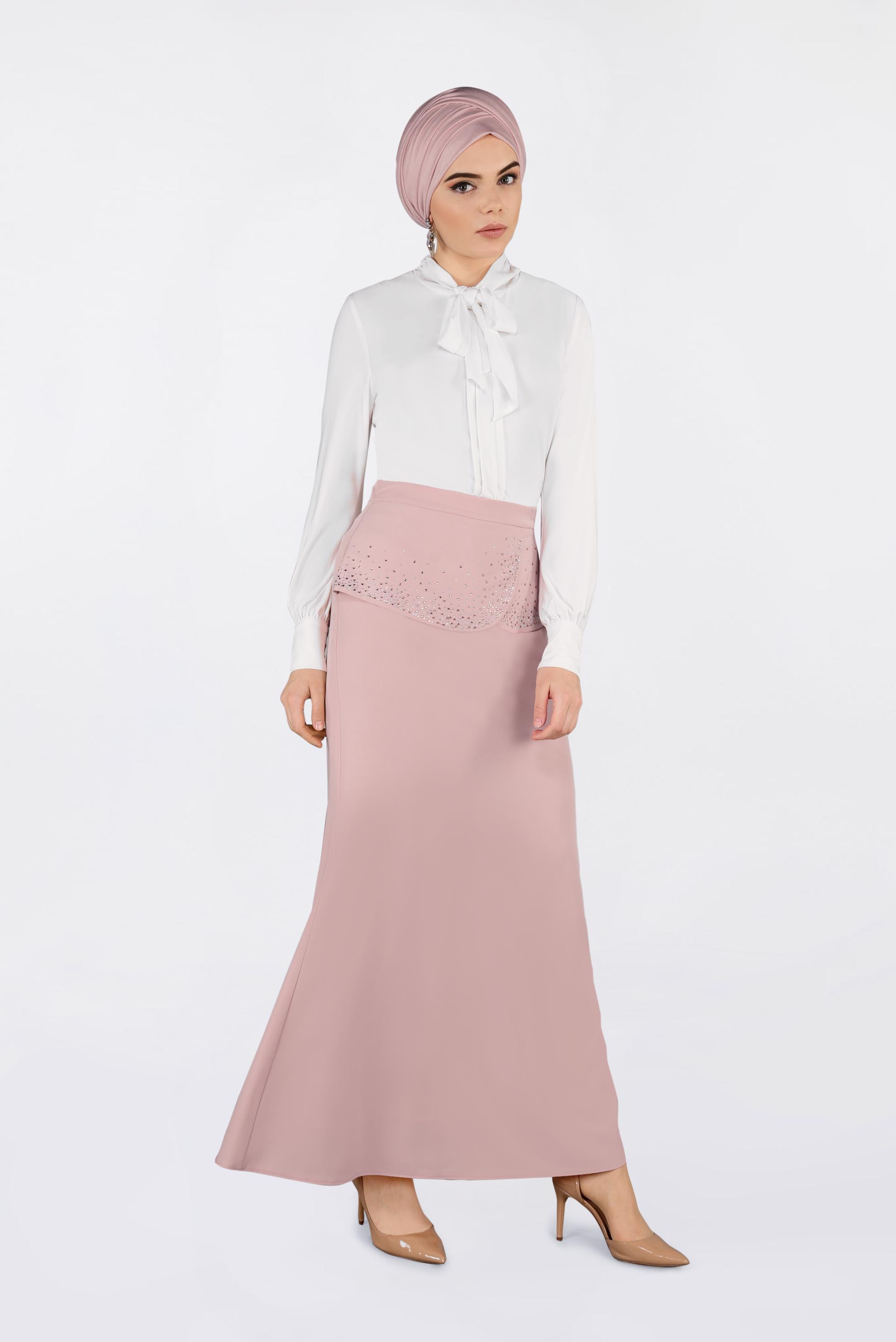 Tesettür giyim PUDRA TAŞ DETAYLI BALIK ETEK 6204