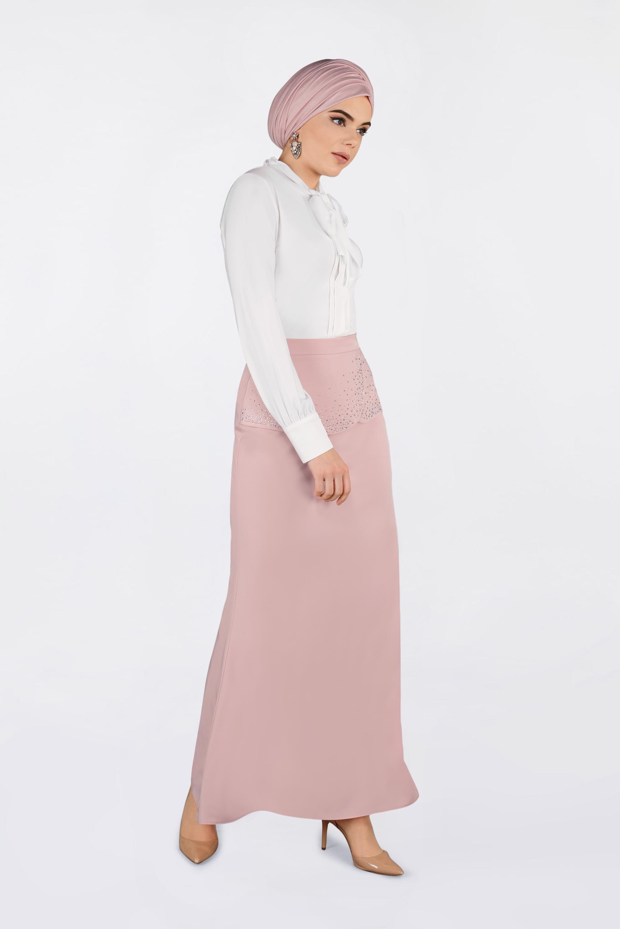 Tesettür giyim PUDRA TAŞ DETAYLI BALIK ETEK 6204