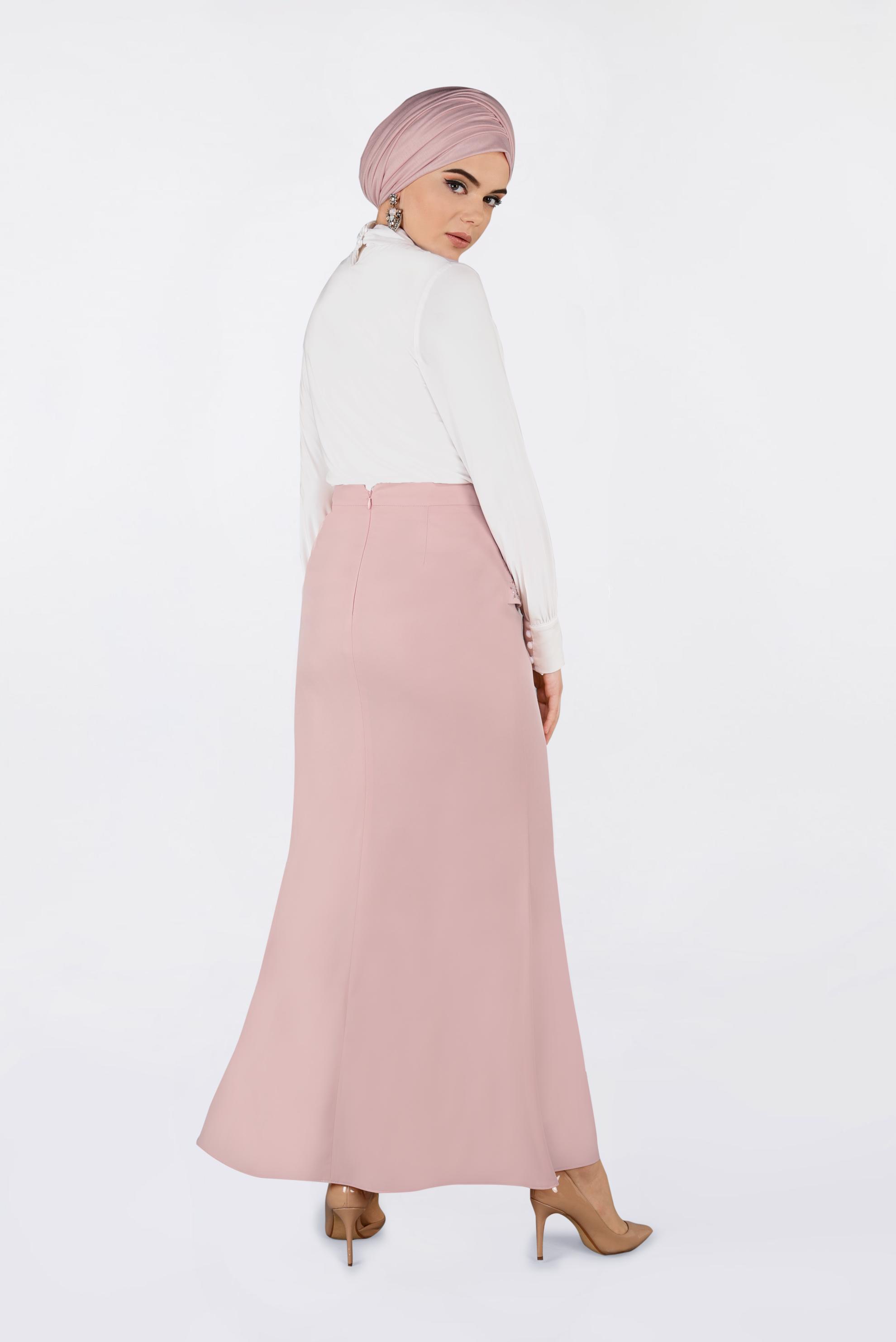 Tesettür giyim PUDRA TAŞ DETAYLI BALIK ETEK 6204