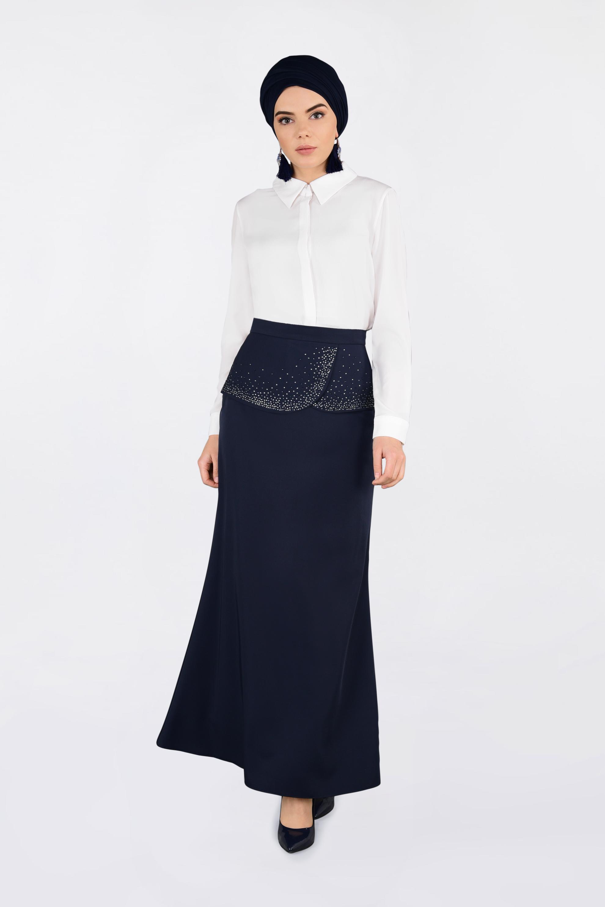 Tesettür giyim LACİVERT TAŞ DETAYLI BALIK ETEK 6204