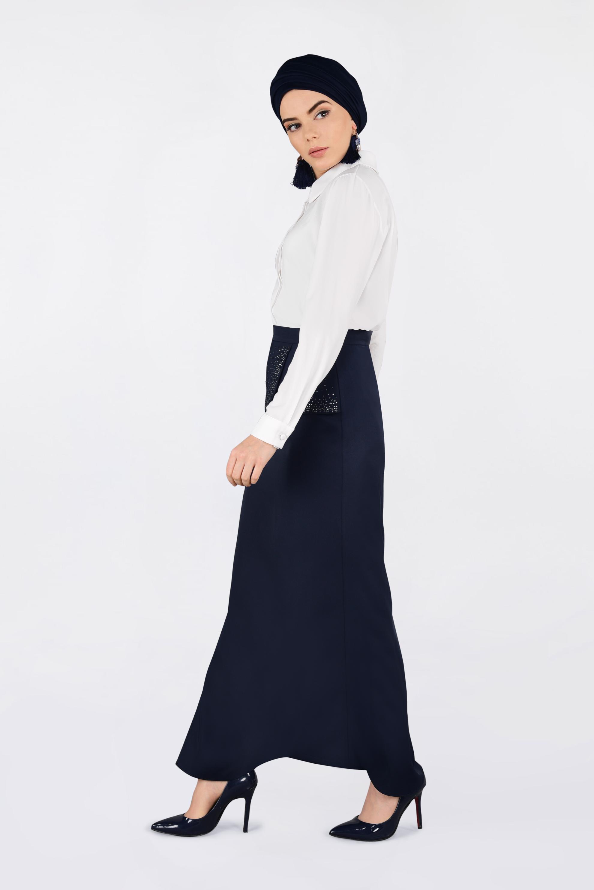 Tesettür giyim LACİVERT TAŞ DETAYLI BALIK ETEK 6204
