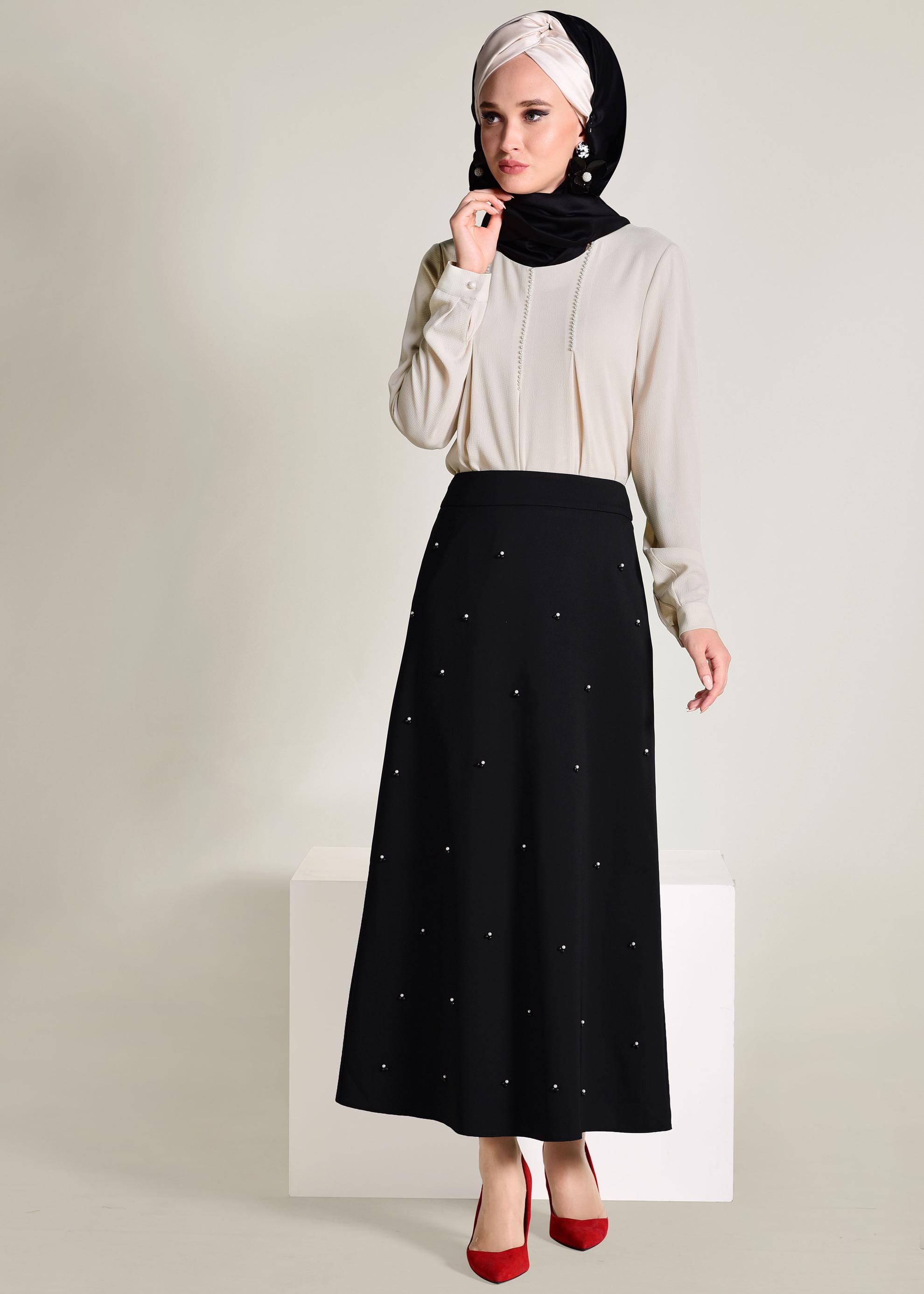 Tesettür giyim SİYAH İNCİ DETAYLI A KESİM ETEK 6211
