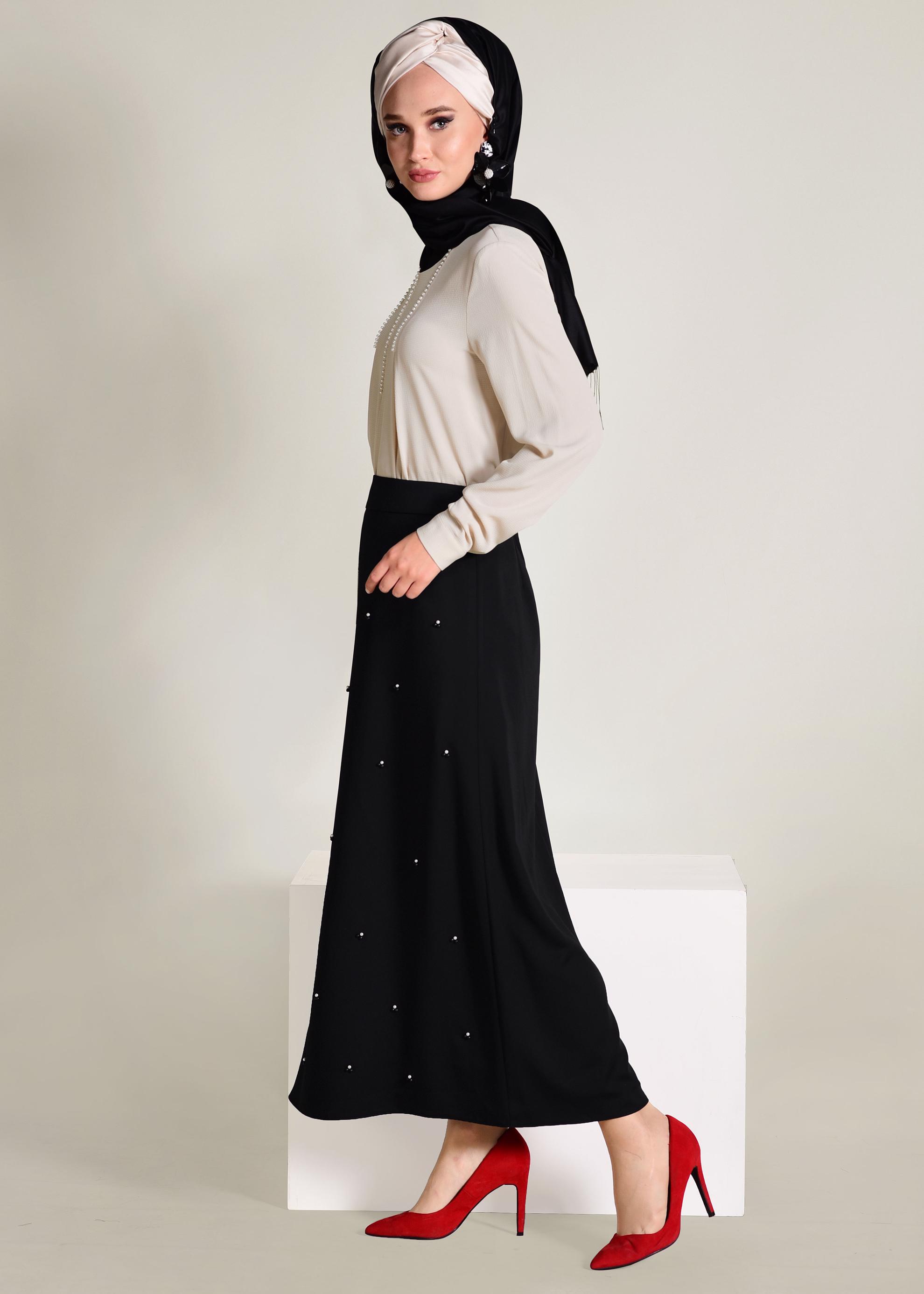 Tesettür giyim SİYAH İNCİ DETAYLI A KESİM ETEK 6211
