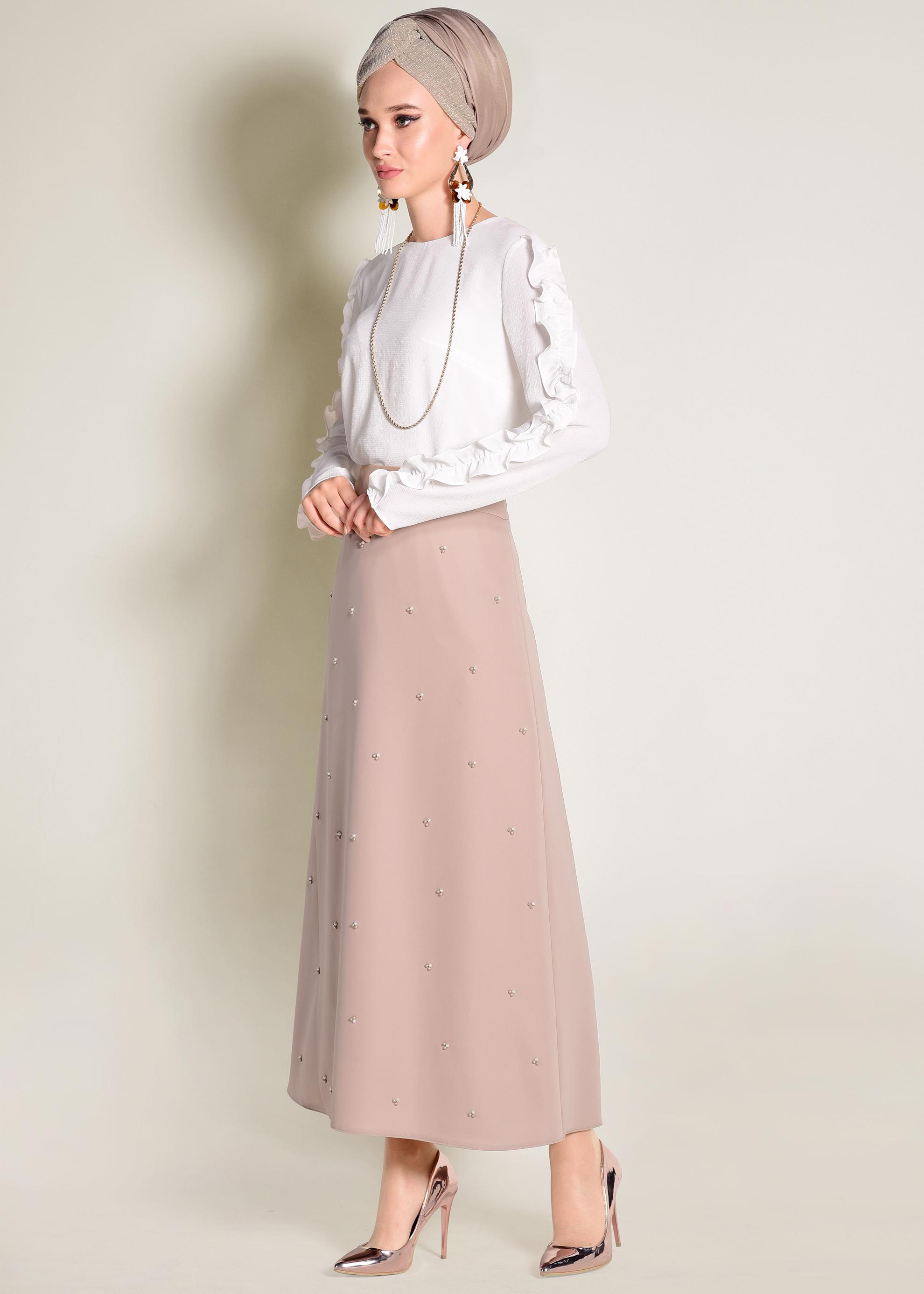 Tesettür giyim BEJ İNCİ DETAYLI A KESİM ETEK 6211