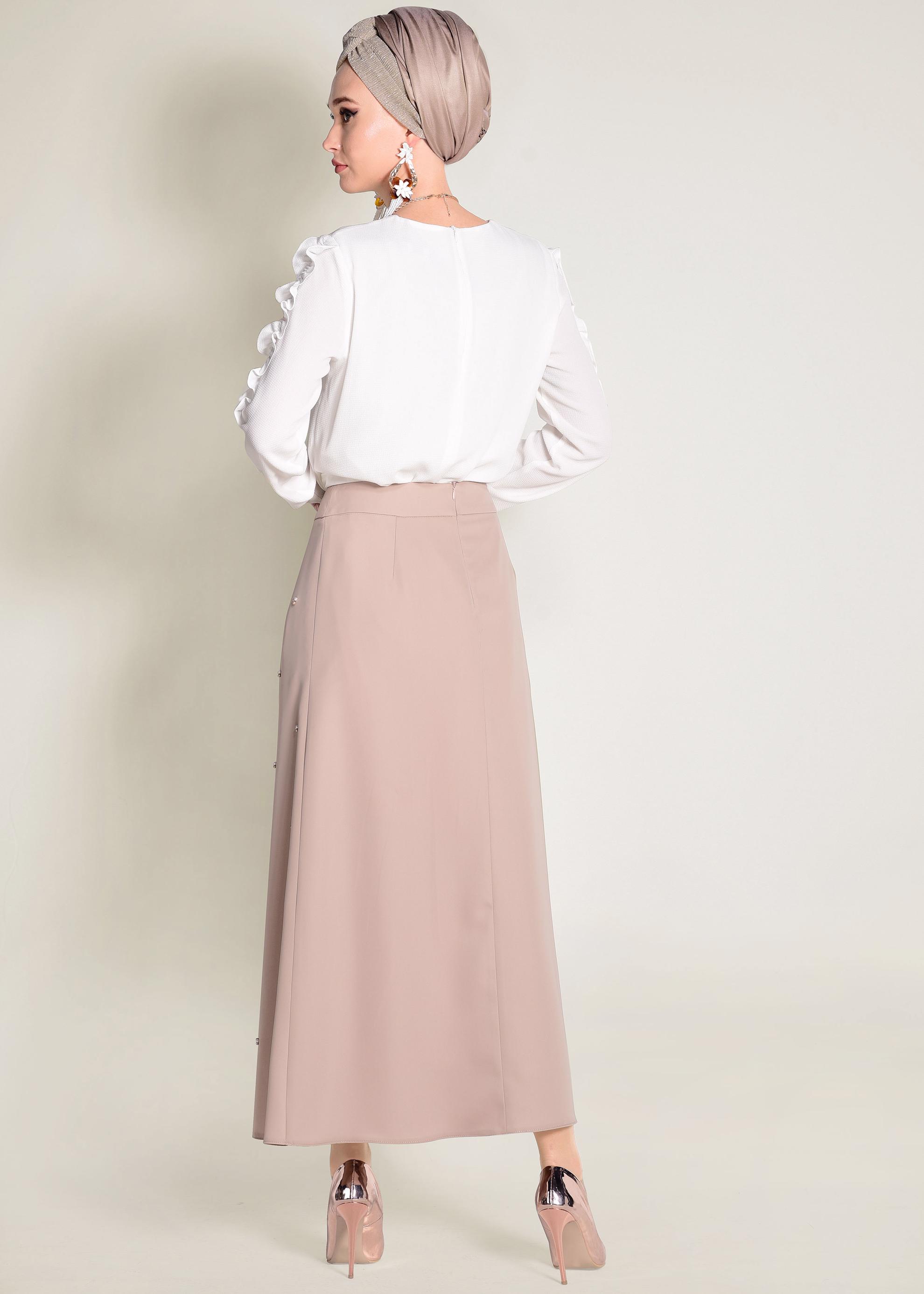 Tesettür giyim BEJ İNCİ DETAYLI A KESİM ETEK 6211