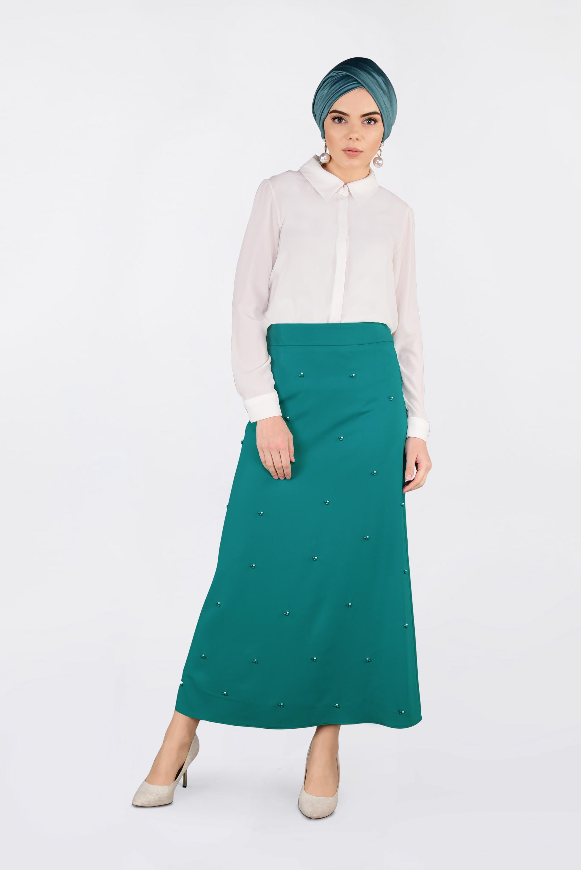 Tesettür giyim MAVİ İNCİ DETAYLI A KESİM ETEK 6211