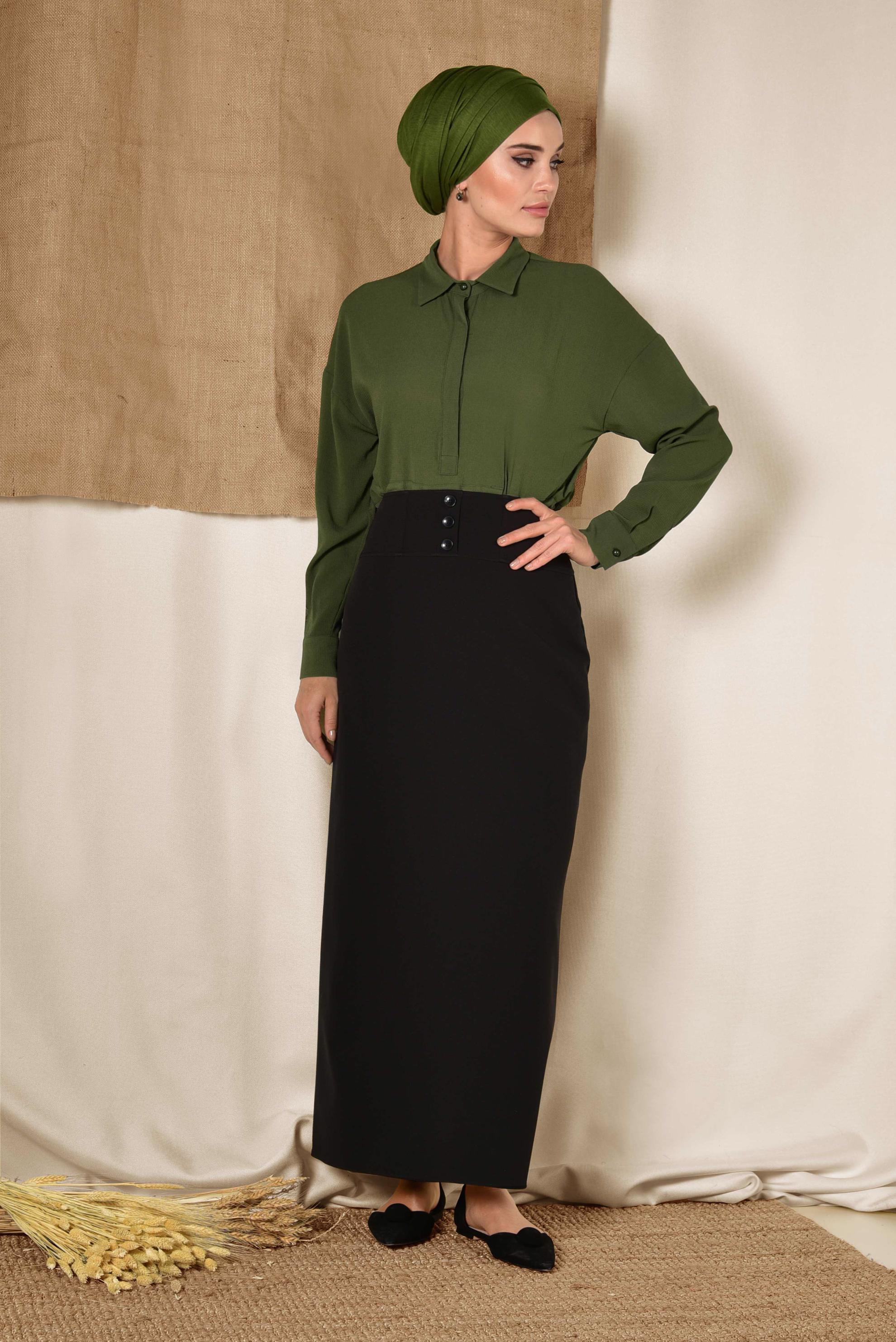 Tesettür giyim SİYAH YÜKSEL BEL GİZLİ YIRTMAÇLI KALEM ETEK 6312