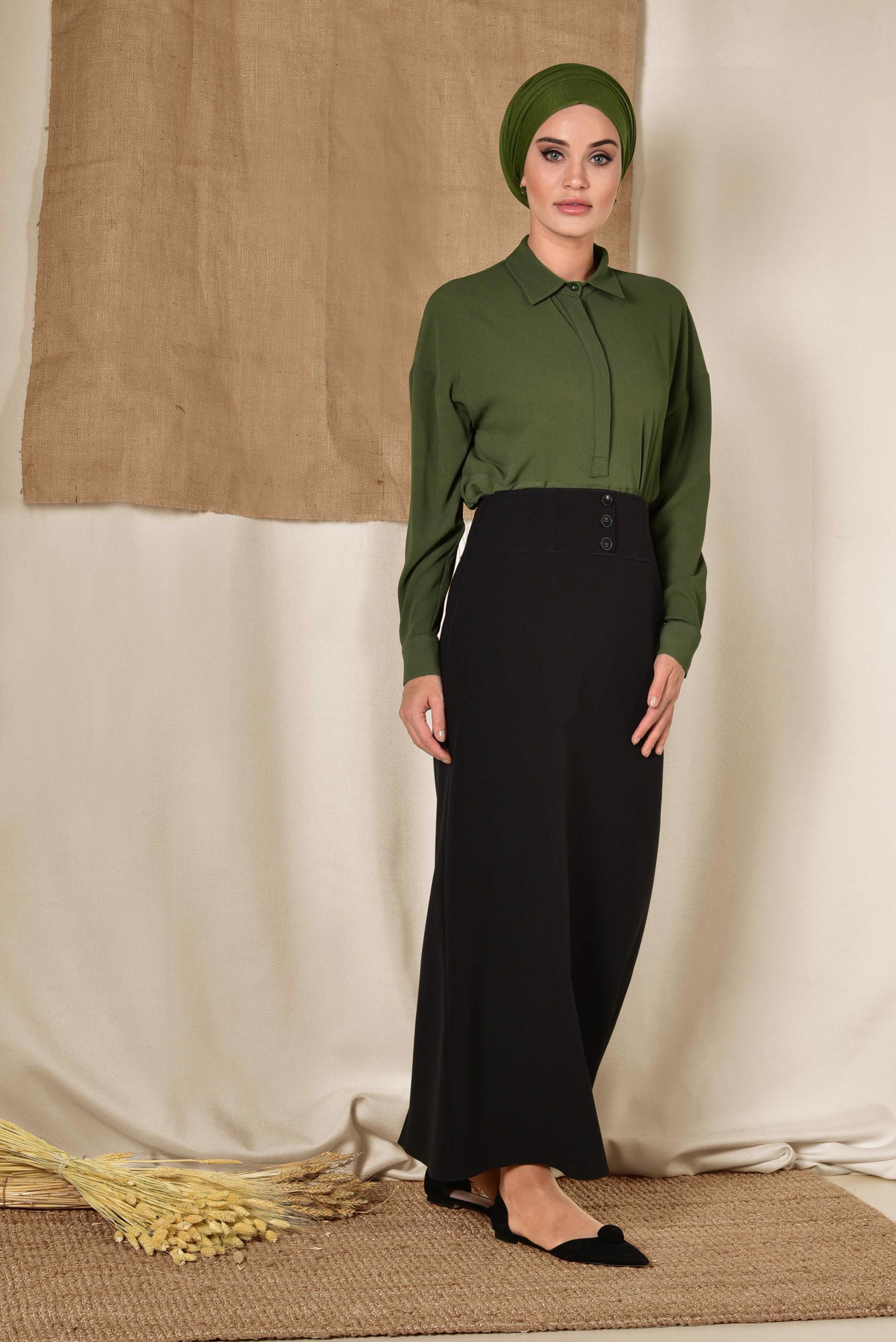 Tesettür giyim SİYAH YÜKSEL BEL GİZLİ YIRTMAÇLI KALEM ETEK 6312