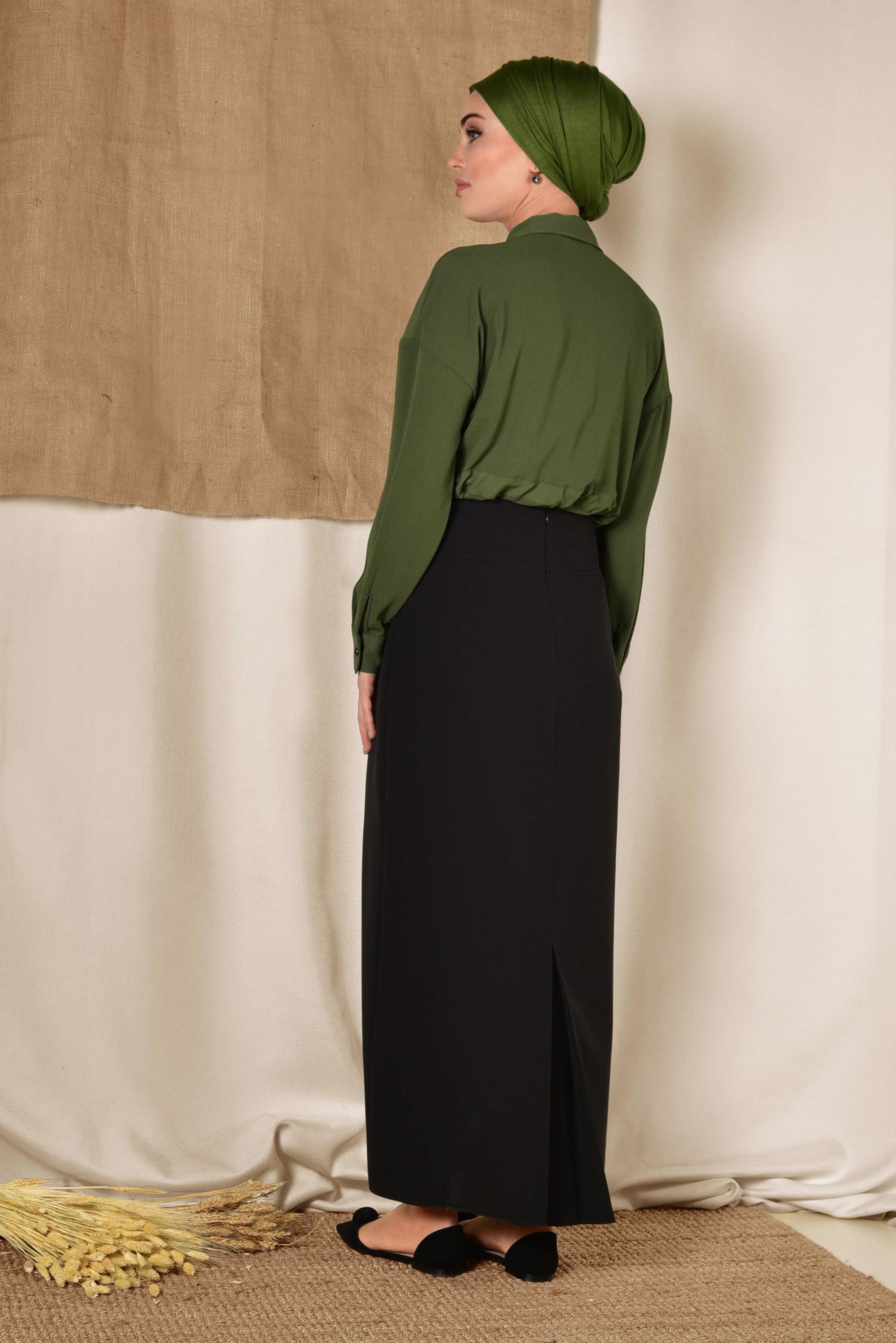 Tesettür giyim SİYAH YÜKSEL BEL GİZLİ YIRTMAÇLI KALEM ETEK 6312