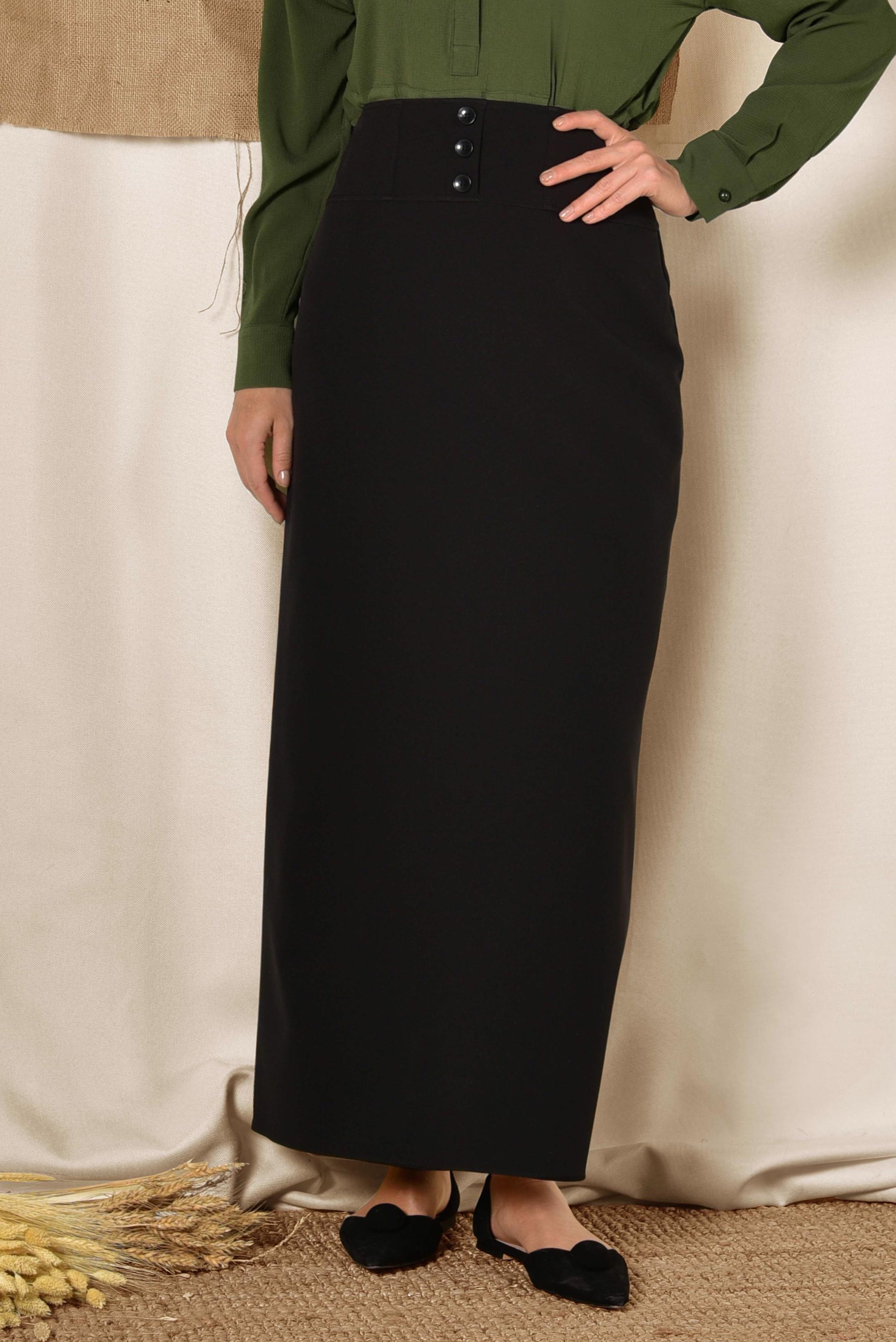 Tesettür giyim SİYAH YÜKSEL BEL GİZLİ YIRTMAÇLI KALEM ETEK 6312