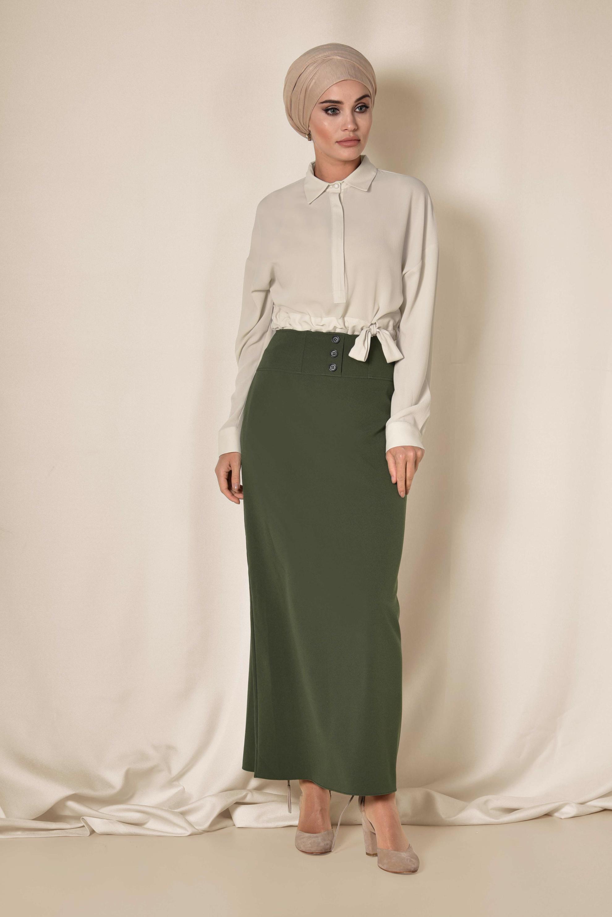 Tesettür giyim HAKİ YÜKSEL BEL GİZLİ YIRTMAÇLI KALEM ETEK 6312