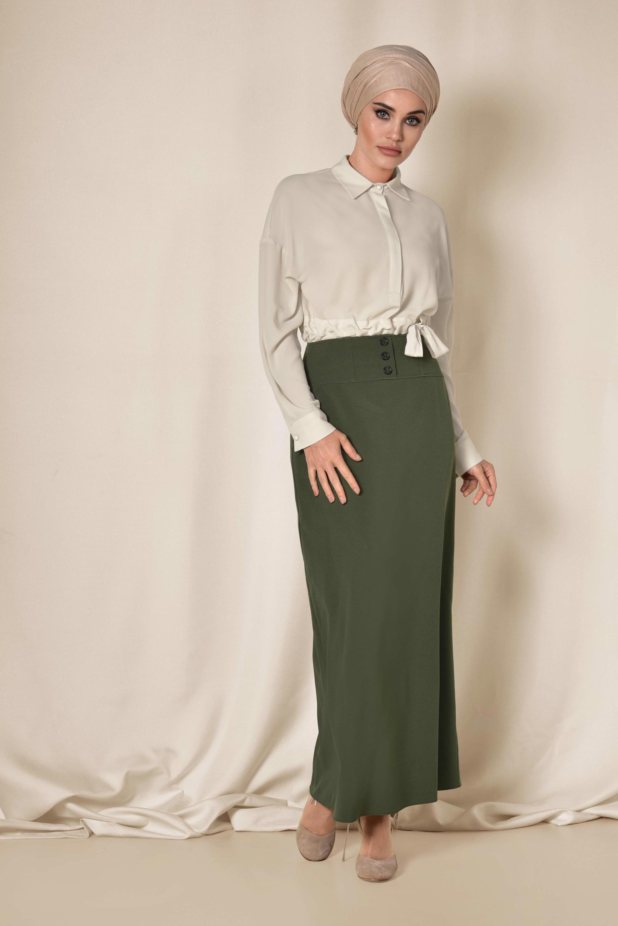 Tesettür giyim HAKİ YÜKSEL BEL GİZLİ YIRTMAÇLI KALEM ETEK 6312