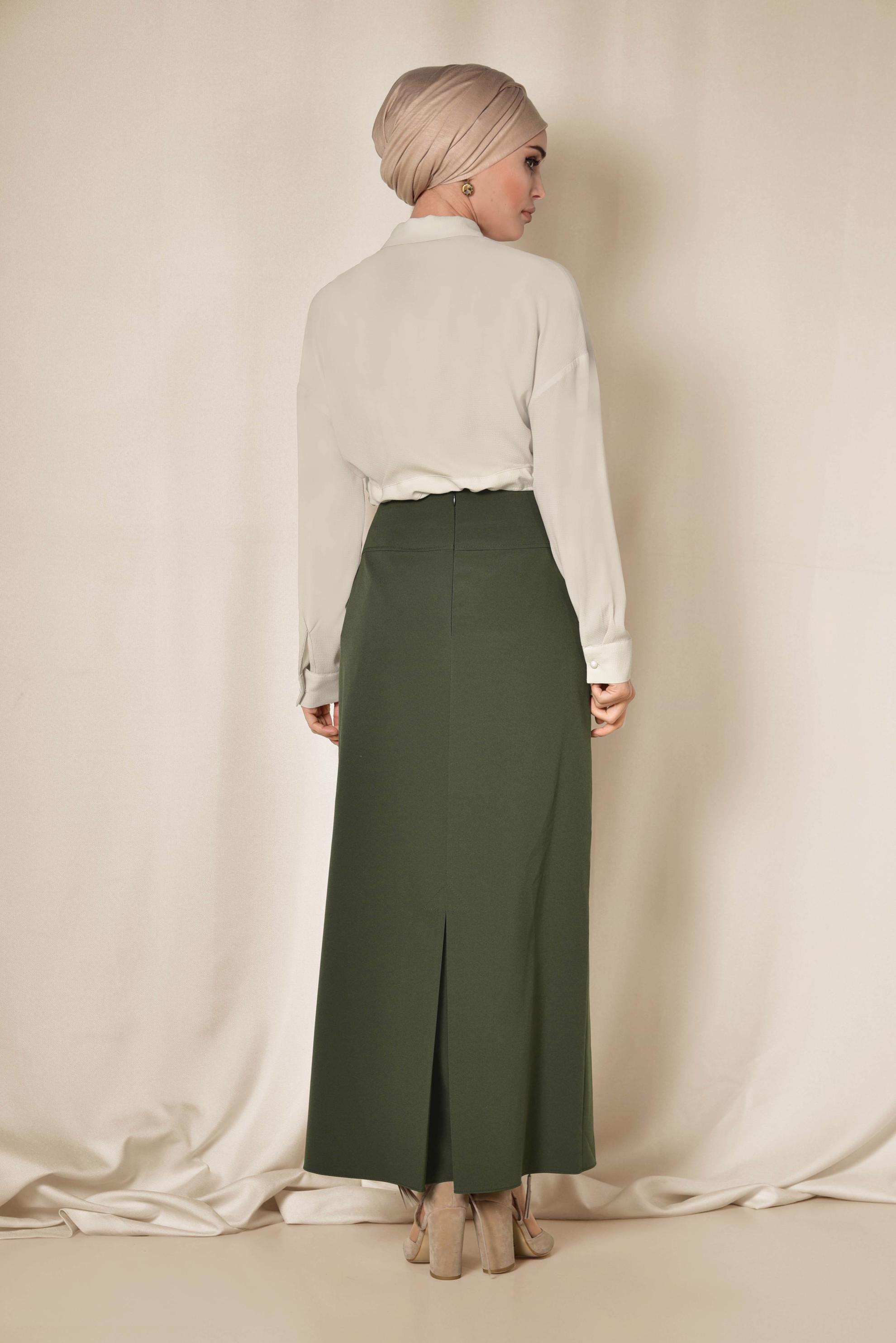 Tesettür giyim HAKİ YÜKSEL BEL GİZLİ YIRTMAÇLI KALEM ETEK 6312