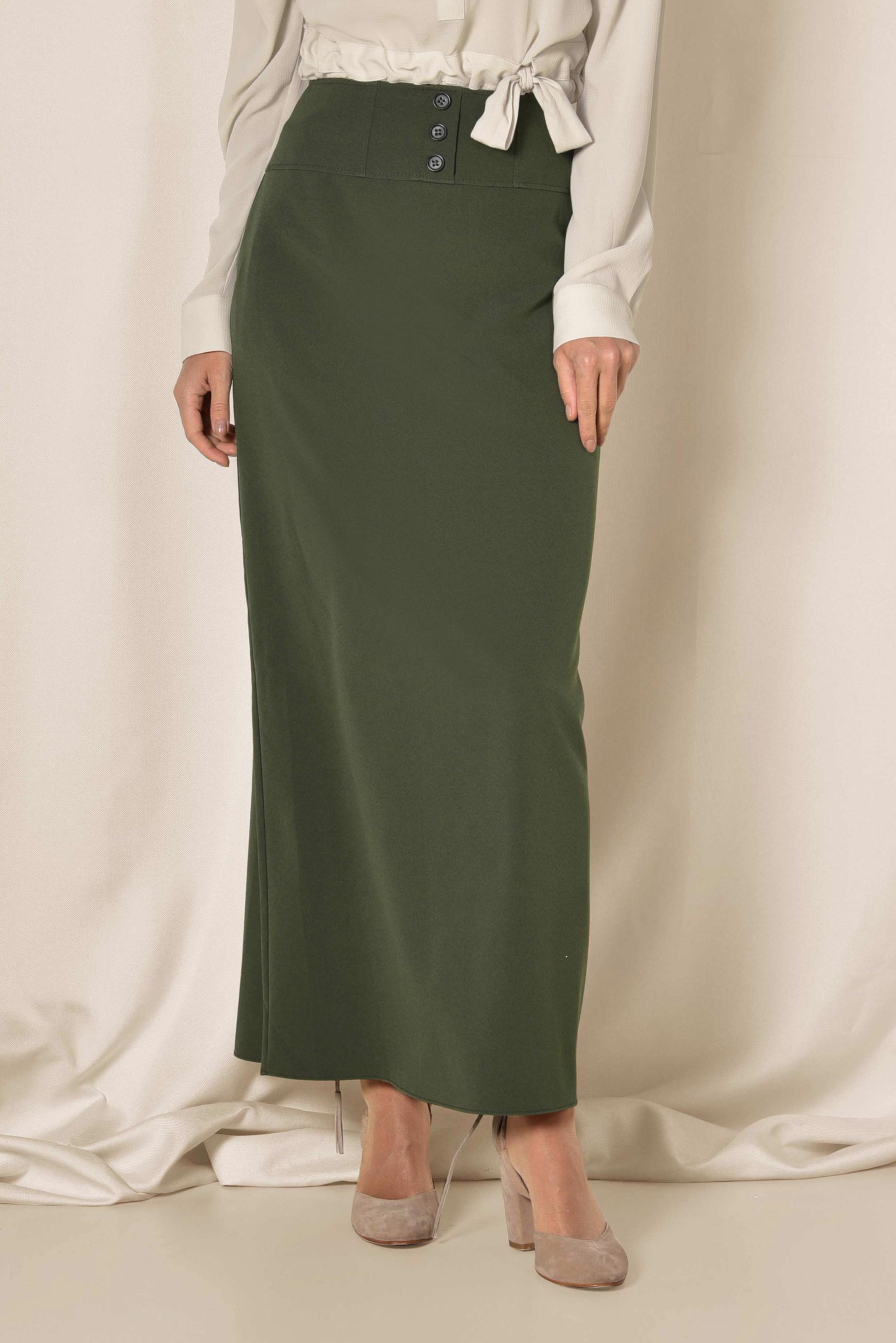 Tesettür giyim HAKİ YÜKSEL BEL GİZLİ YIRTMAÇLI KALEM ETEK 6312