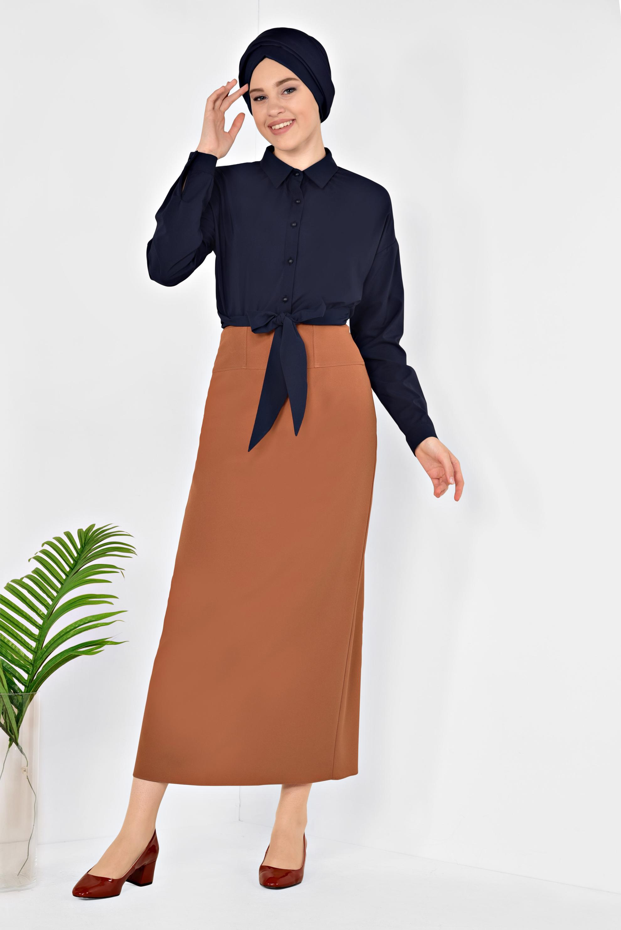 Tesettür giyim TURUNCU YÜKSEL BEL GİZLİ YIRTMAÇLI KALEM ETEK 6312