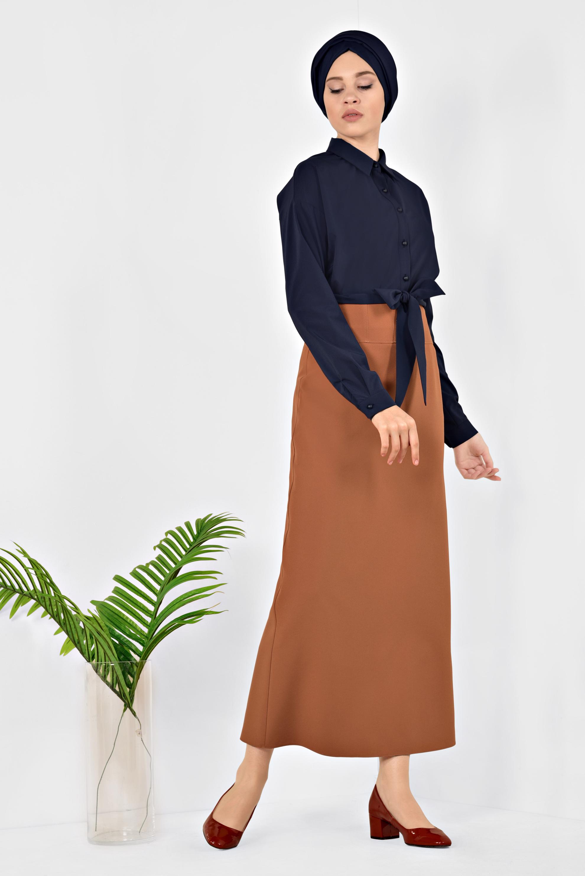 Tesettür giyim TURUNCU YÜKSEL BEL GİZLİ YIRTMAÇLI KALEM ETEK 6312