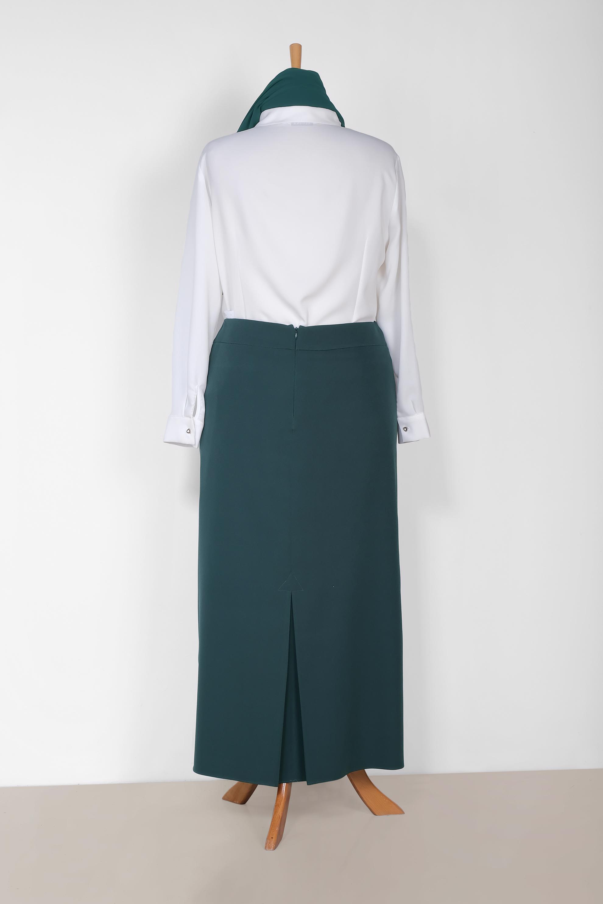 Tesettür giyim YEŞİL TAŞ BASKI DETAYLI GİZLİ YIRTMAÇLI ETEK 6313