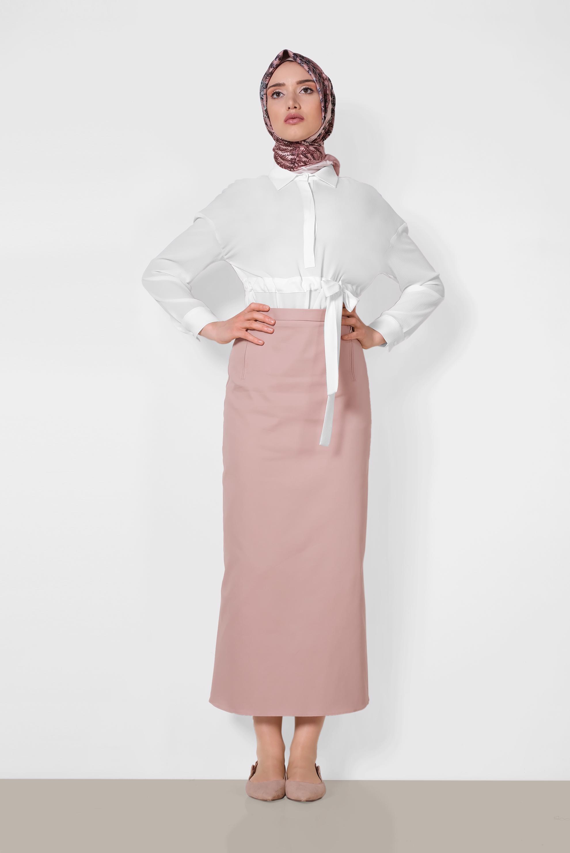 Tesettür giyim PUDRA A PİLE ETEK 6318