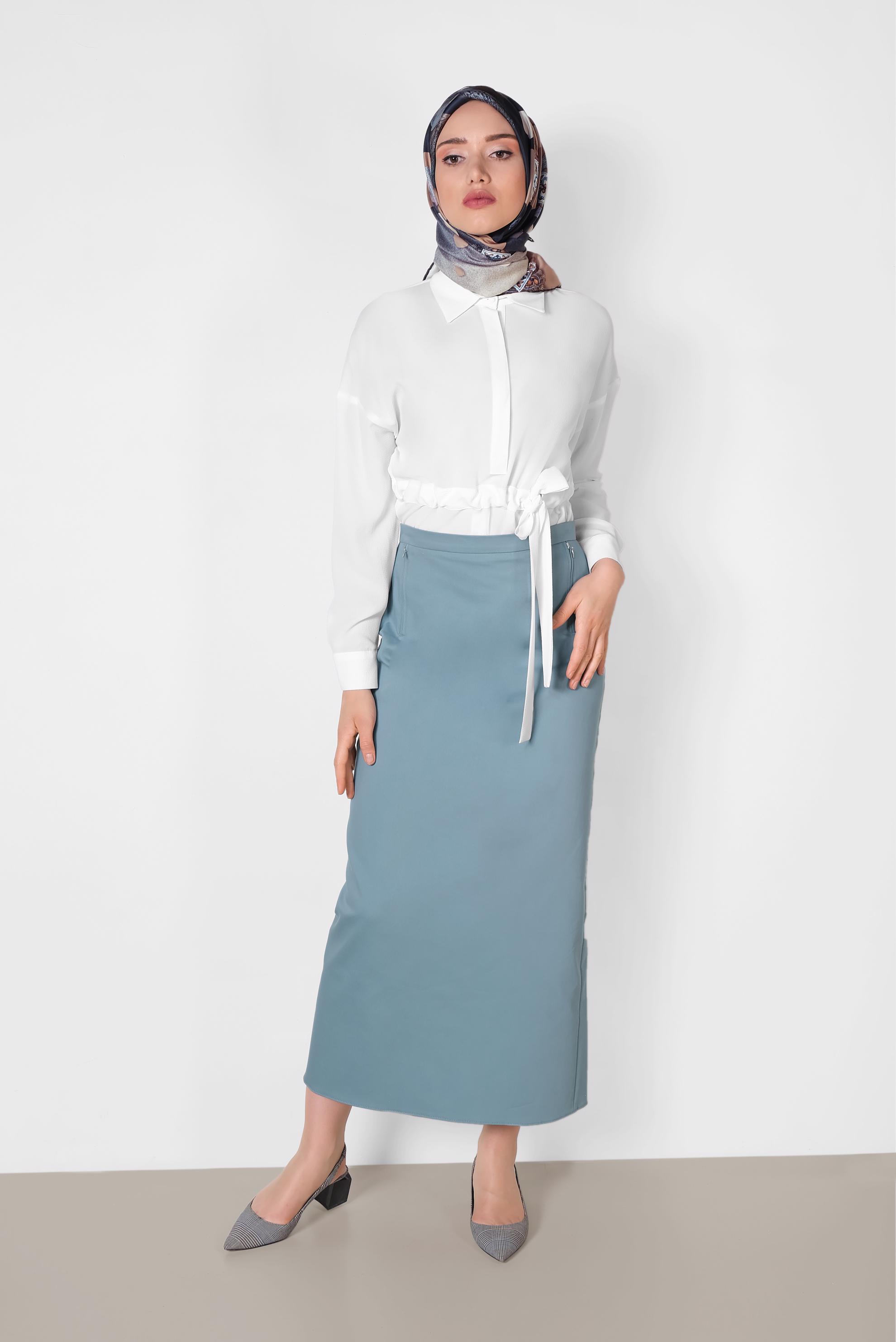 Tesettür giyim MAVİ A PİLE ETEK 6318