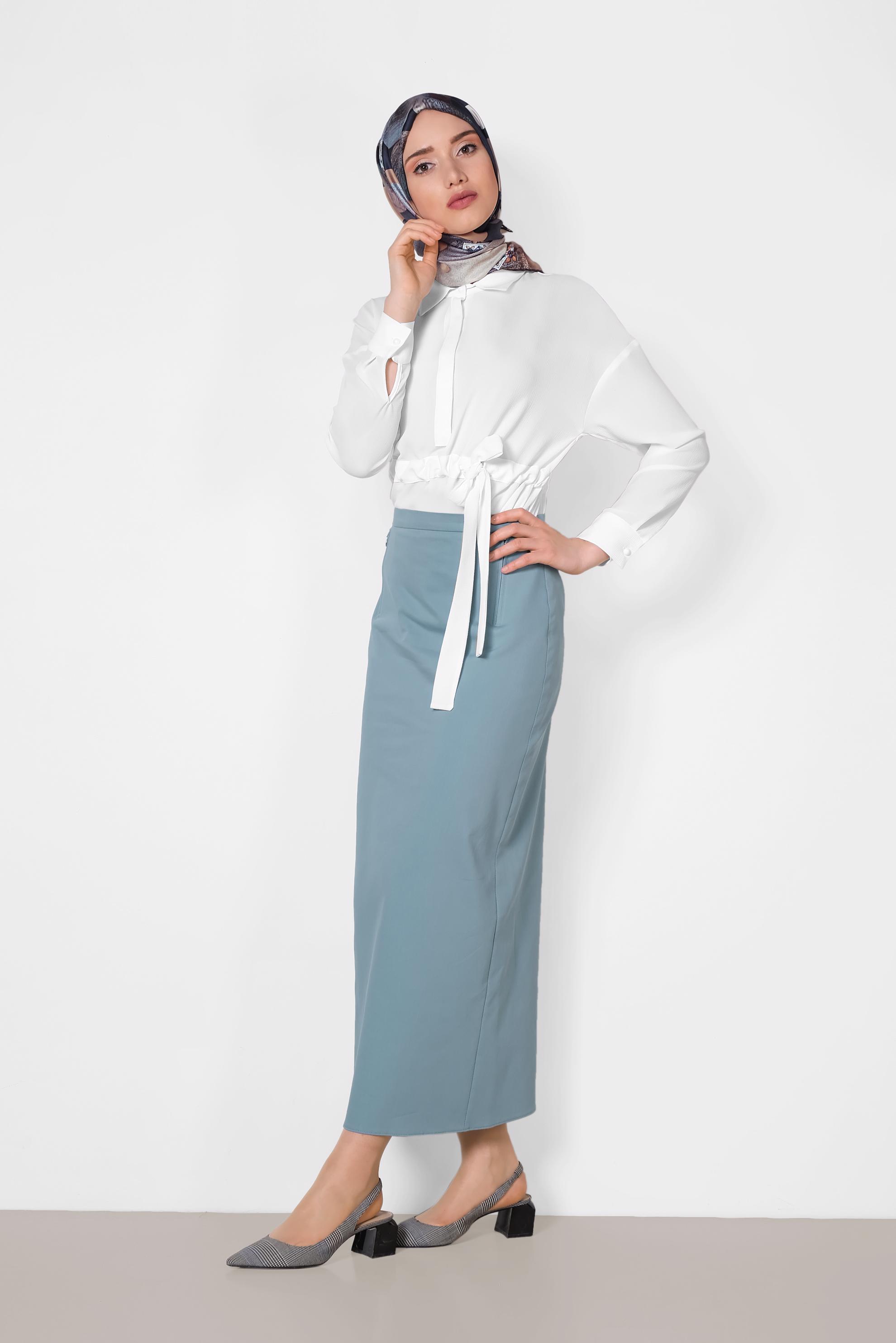 Tesettür giyim MAVİ A PİLE ETEK 6318