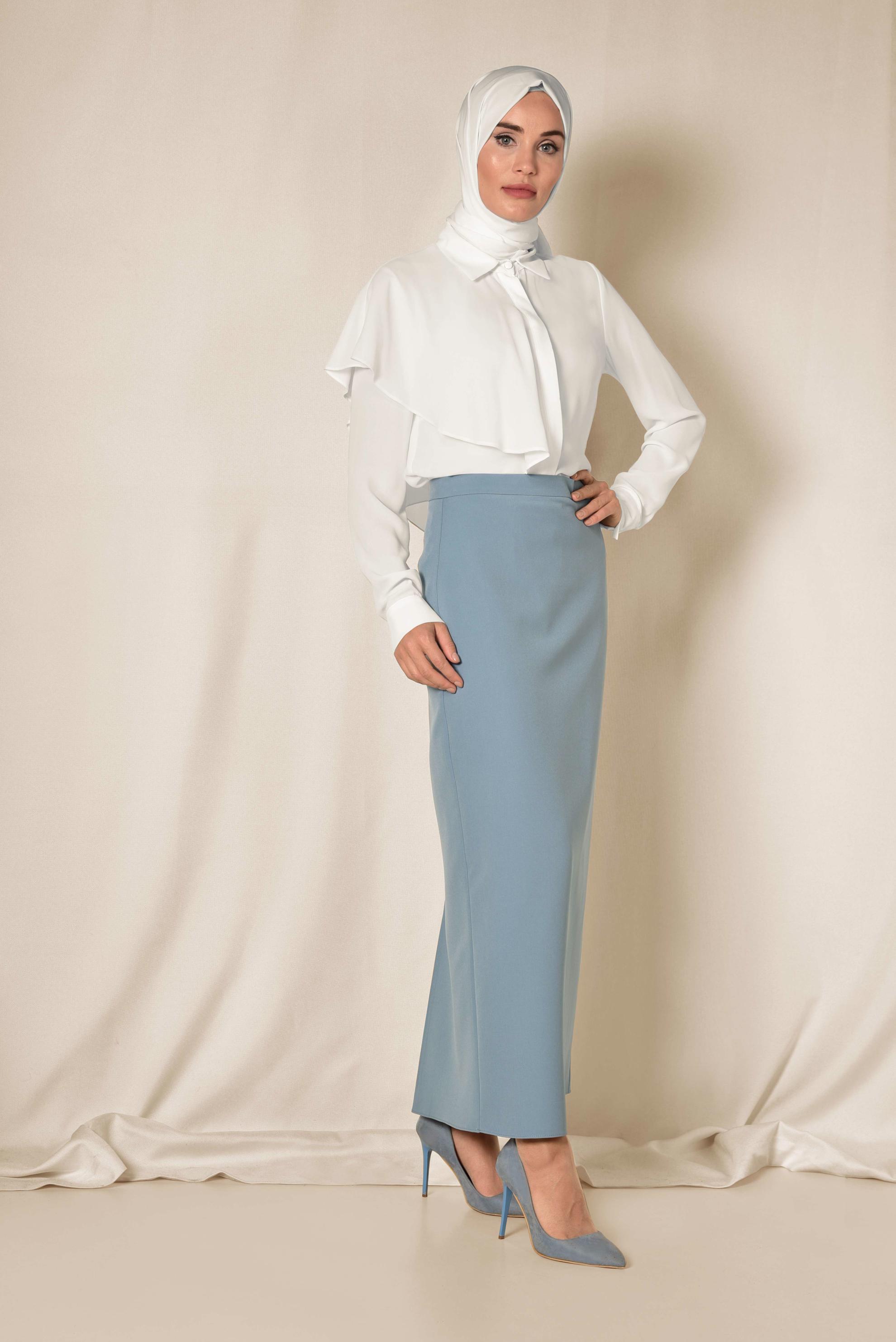 Tesettür giyim MAVİ YÜKSEK BEL KALEM ETEK 6321