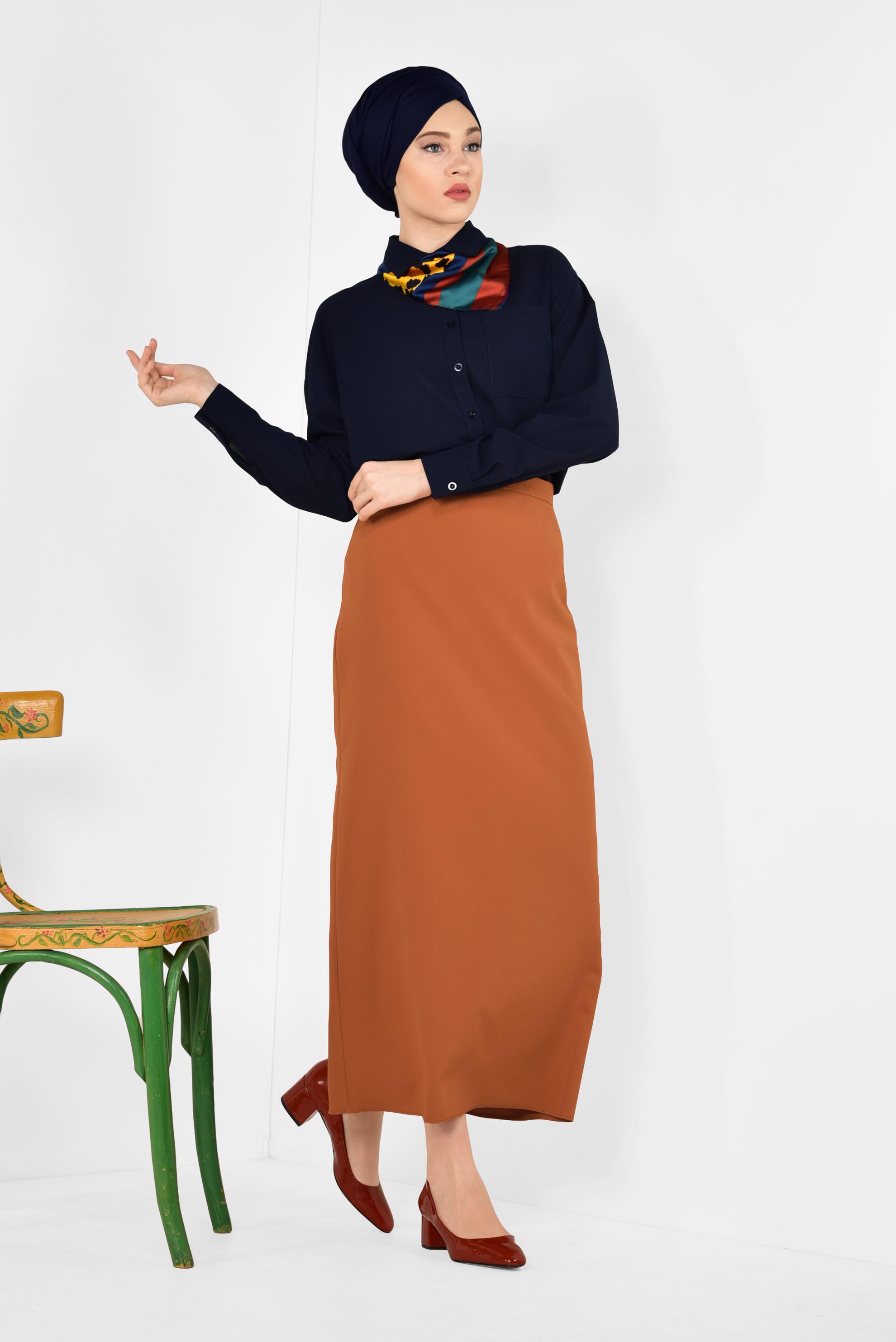Tesettür giyim TURUNCU YÜKSEK BEL KALEM ETEK 6321