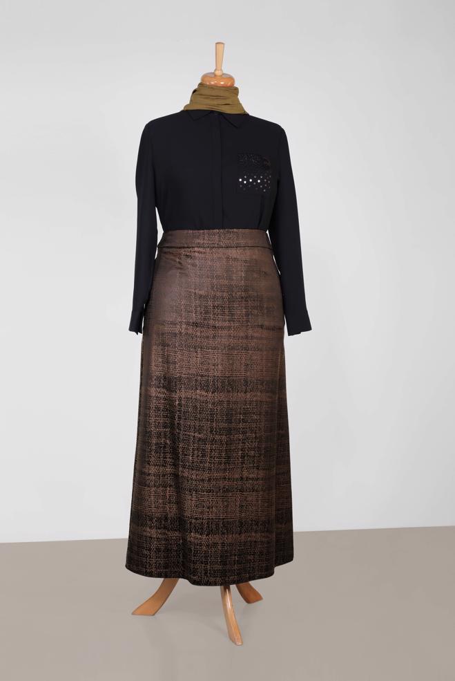 Hijab clothing BROWN Straight Zipper Skirt 6322  - ALVİNA