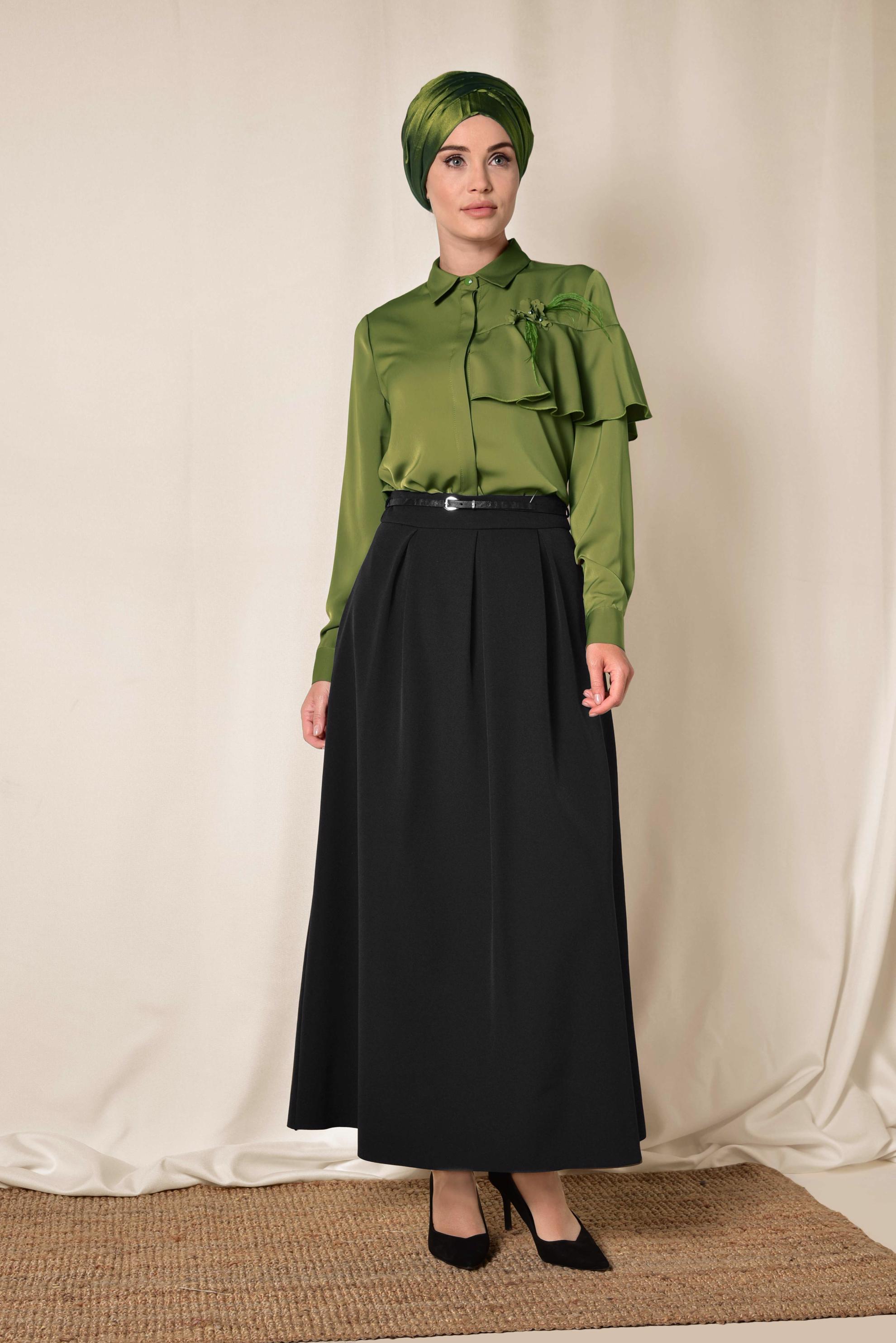 Tesettür giyim SİYAH PİLE DETAYLI KEMERLİ ETEK 6323