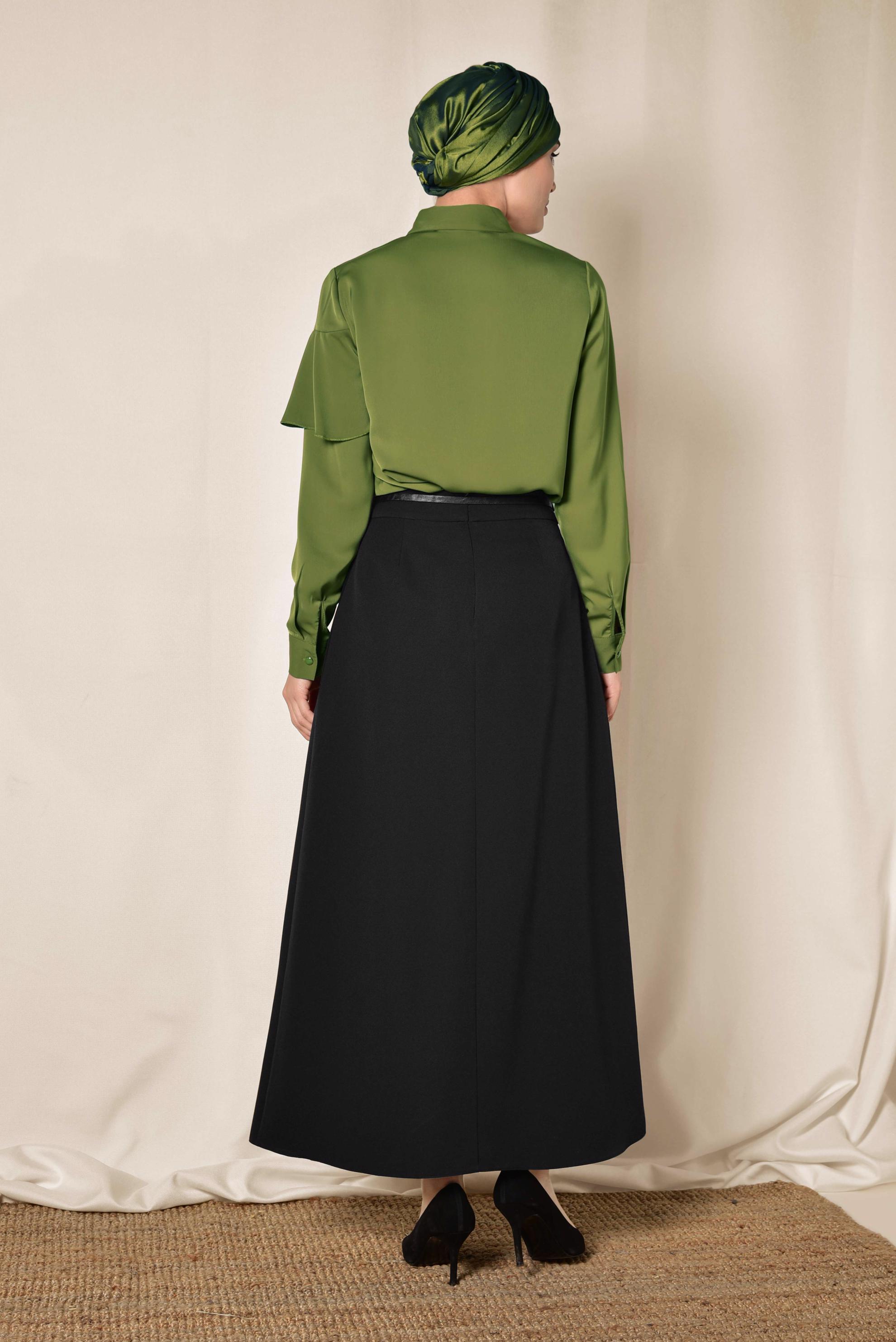 Tesettür giyim SİYAH PİLE DETAYLI KEMERLİ ETEK 6323