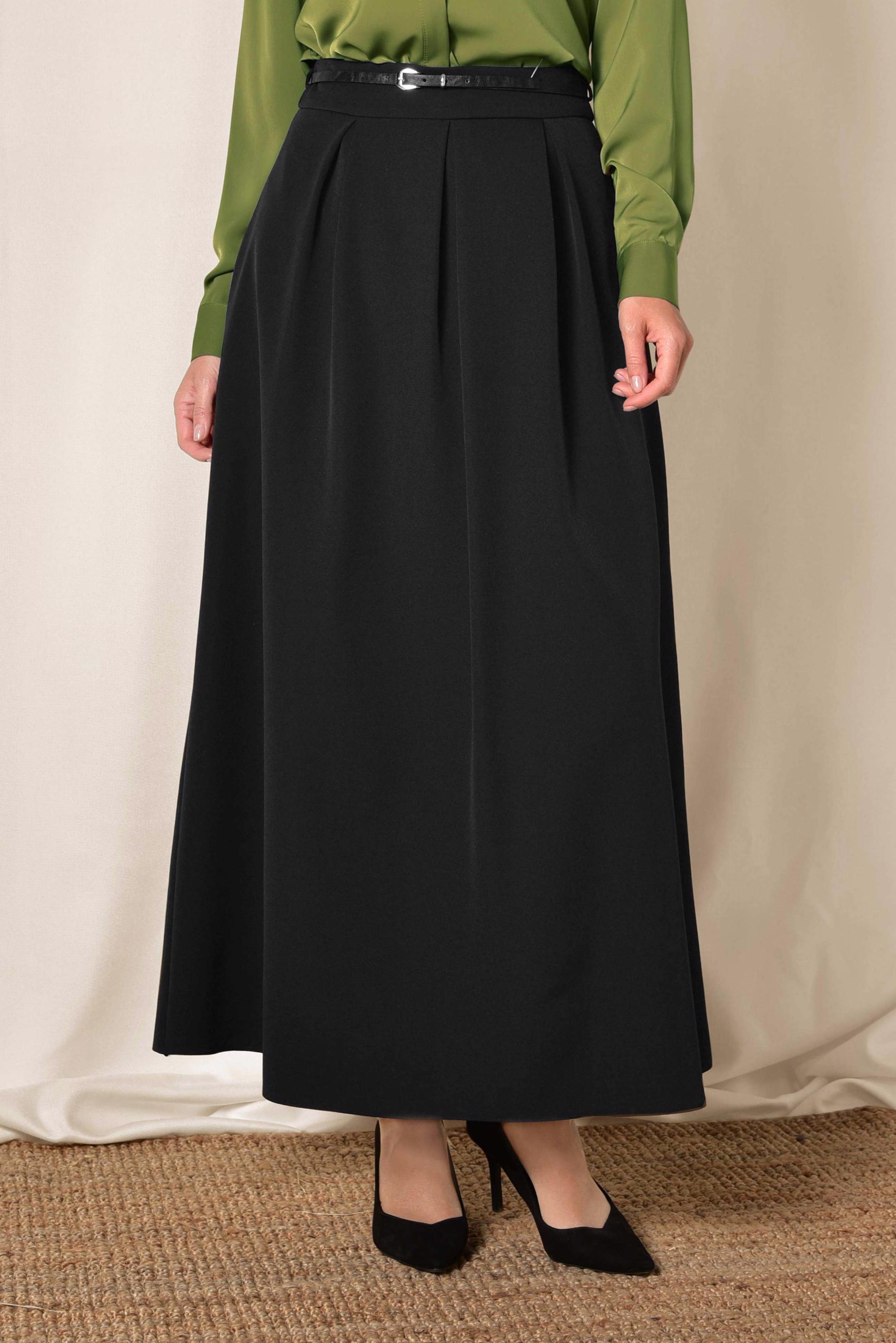 Tesettür giyim SİYAH PİLE DETAYLI KEMERLİ ETEK 6323