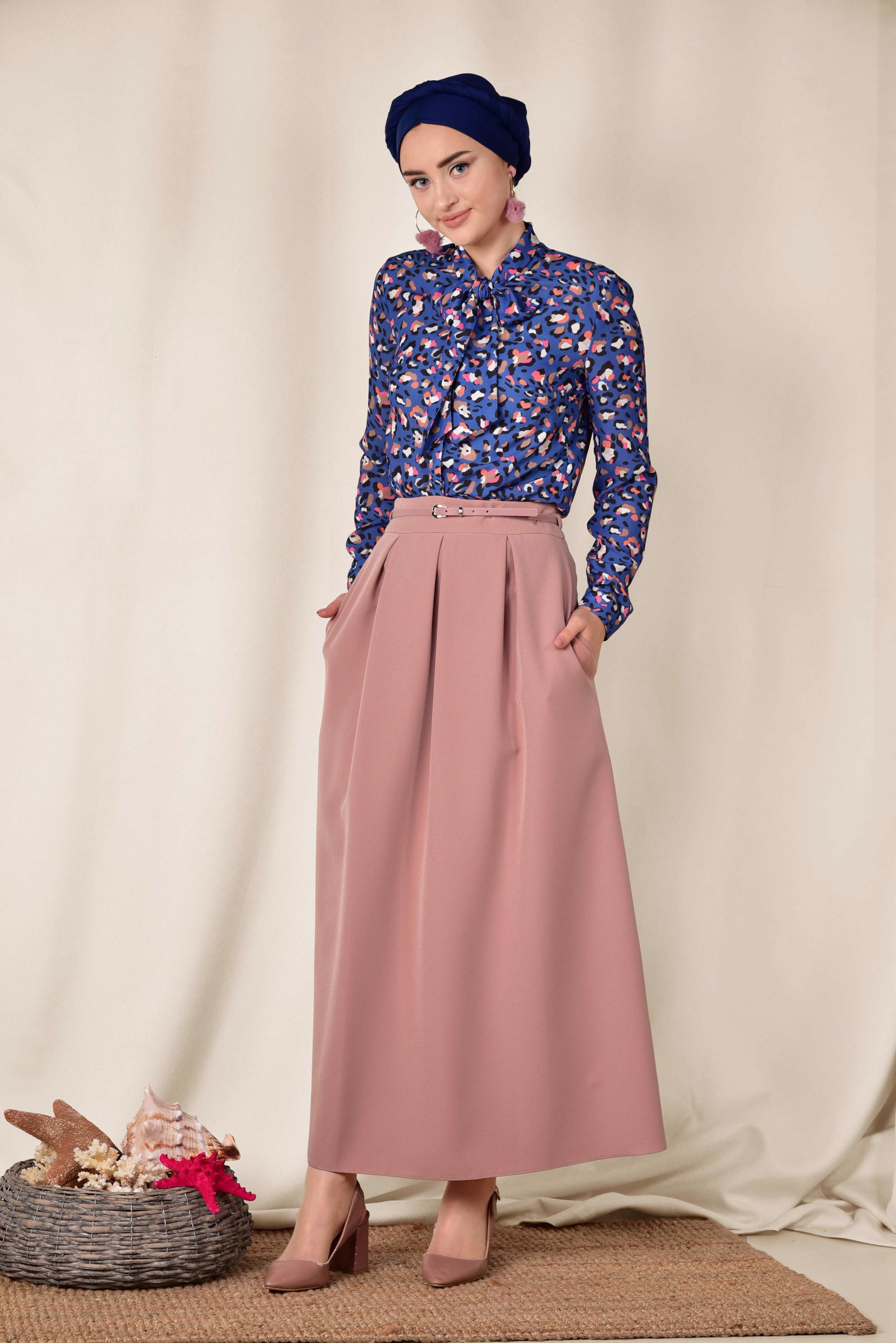 Tesettür giyim PUDRA PİLE DETAYLI KEMERLİ ETEK 6323