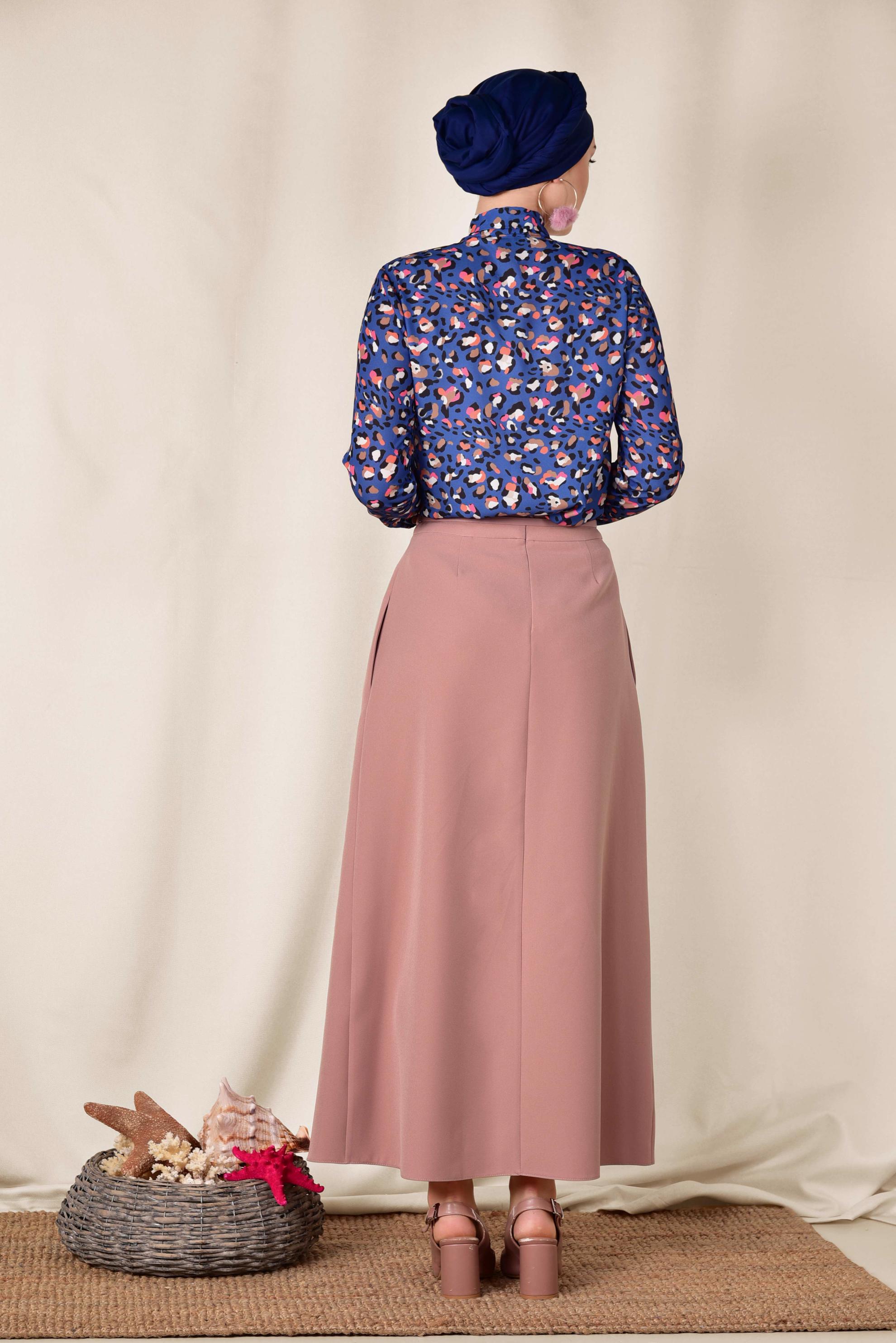 Tesettür giyim PUDRA PİLE DETAYLI KEMERLİ ETEK 6323