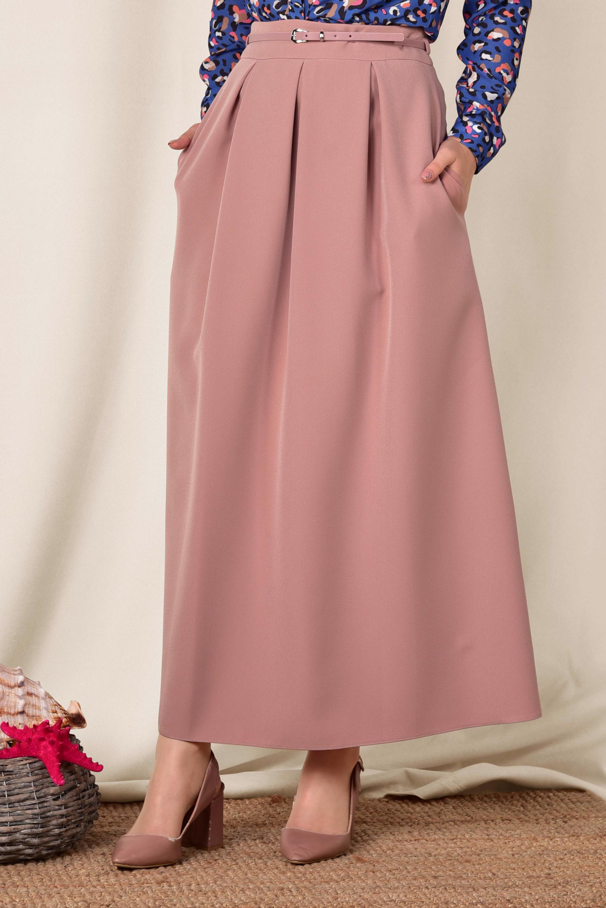 Tesettür giyim PUDRA PİLE DETAYLI KEMERLİ ETEK 6323