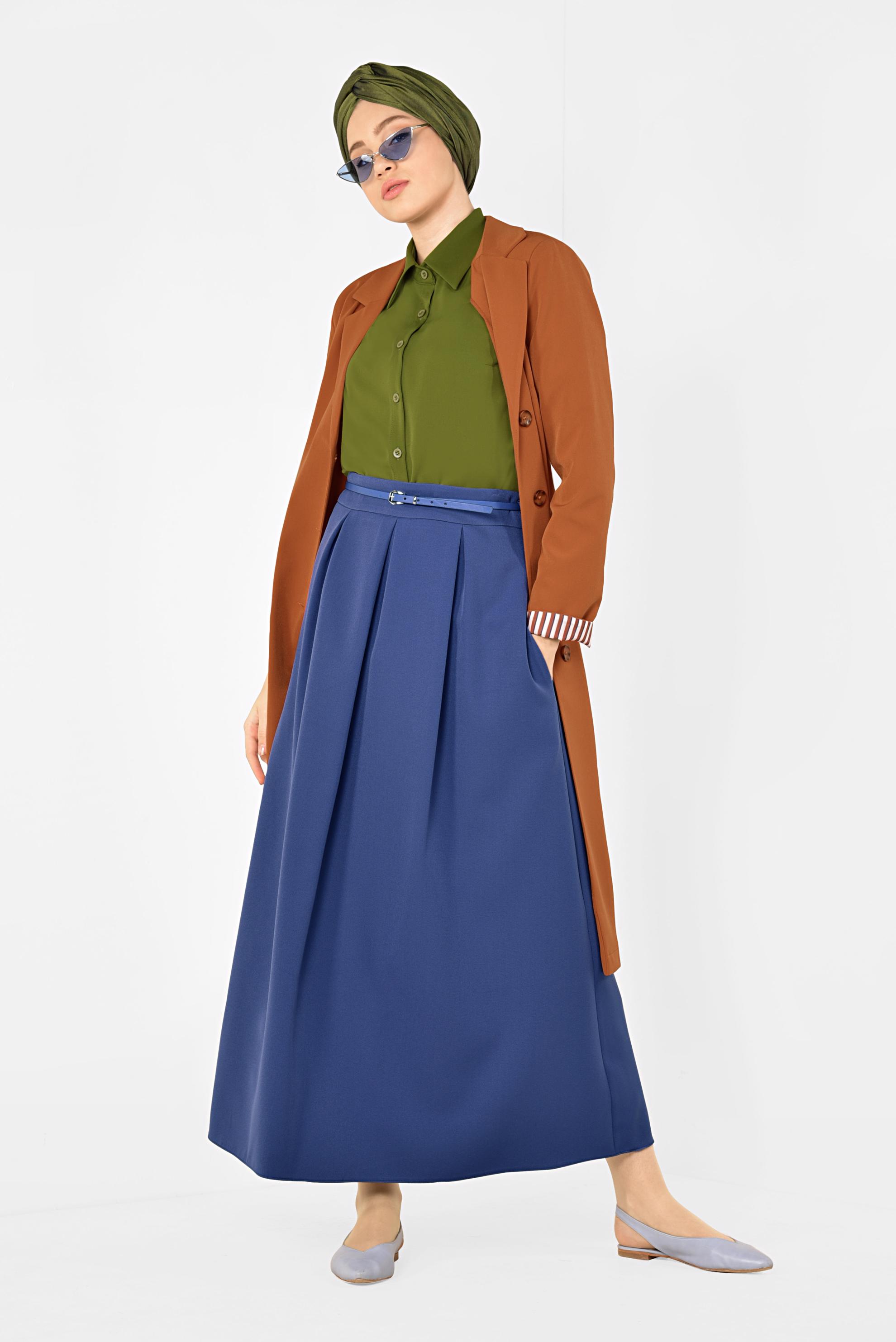 Tesettür giyim LACİVERT PİLE DETAYLI KEMERLİ ETEK 6323