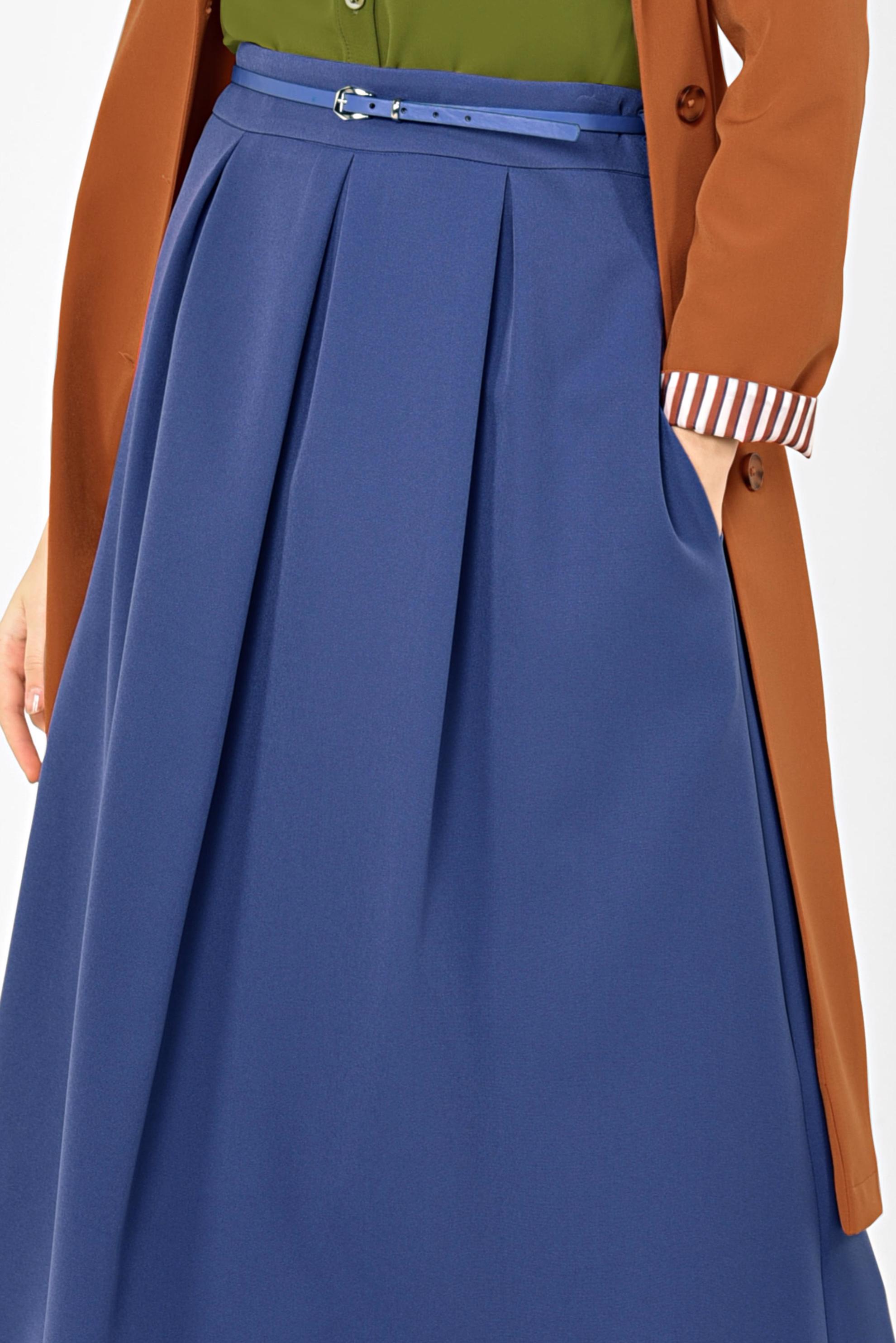 Tesettür giyim LACİVERT PİLE DETAYLI KEMERLİ ETEK 6323