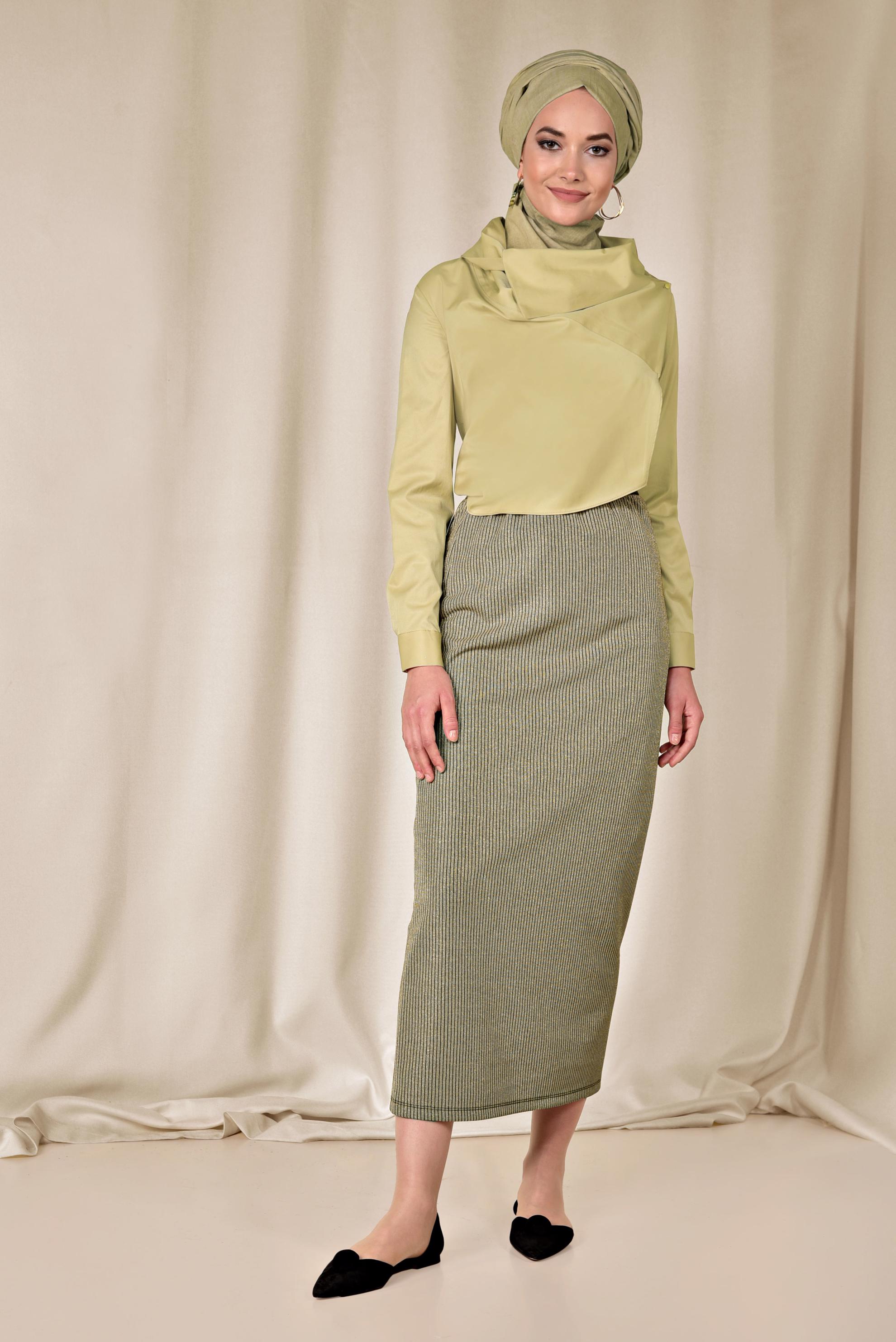 Tesettür giyim ALTIN BELİ LASTİKLİ FİTİLLİ SİMLİ ETEK 6324