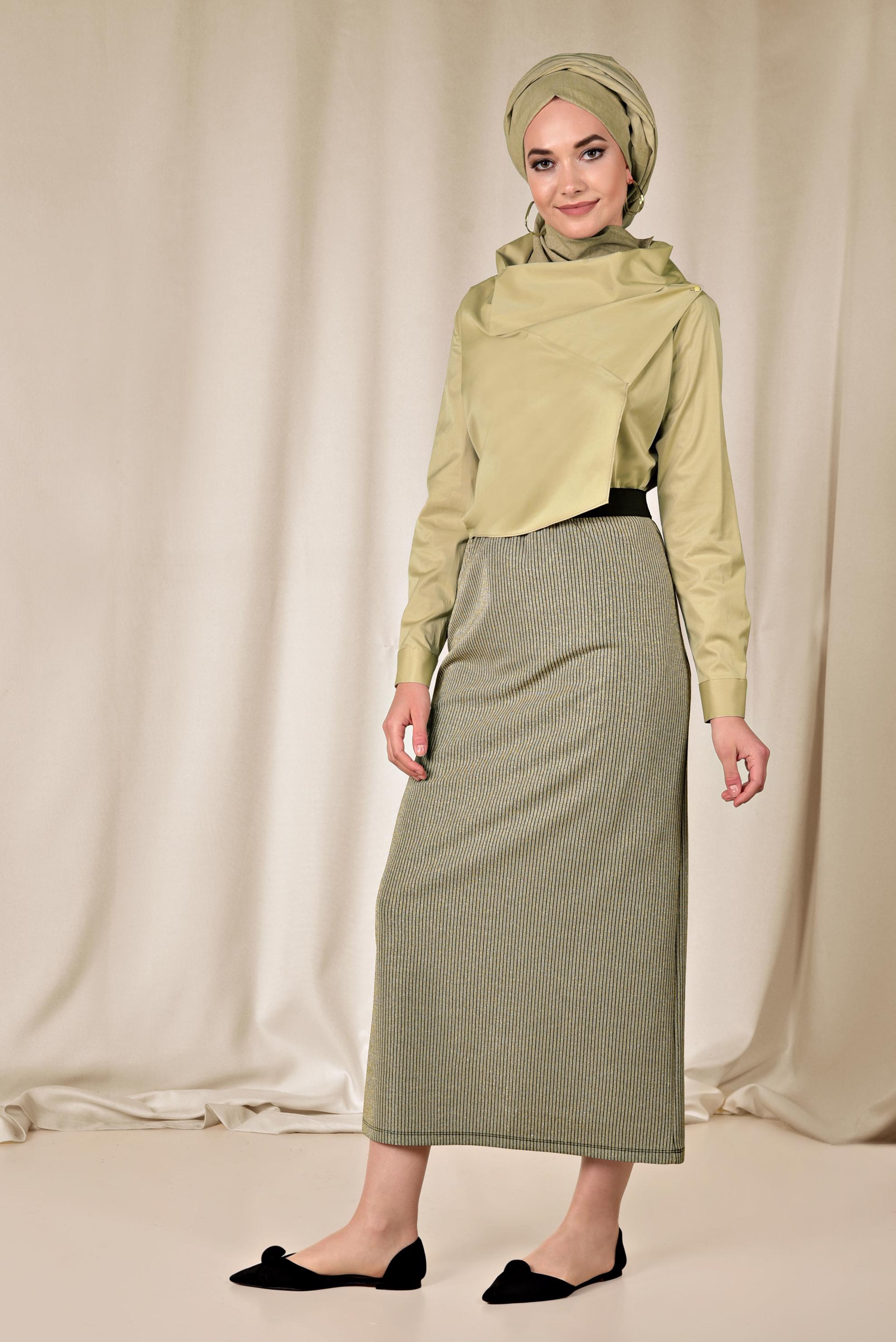 Tesettür giyim ALTIN BELİ LASTİKLİ FİTİLLİ SİMLİ ETEK 6324