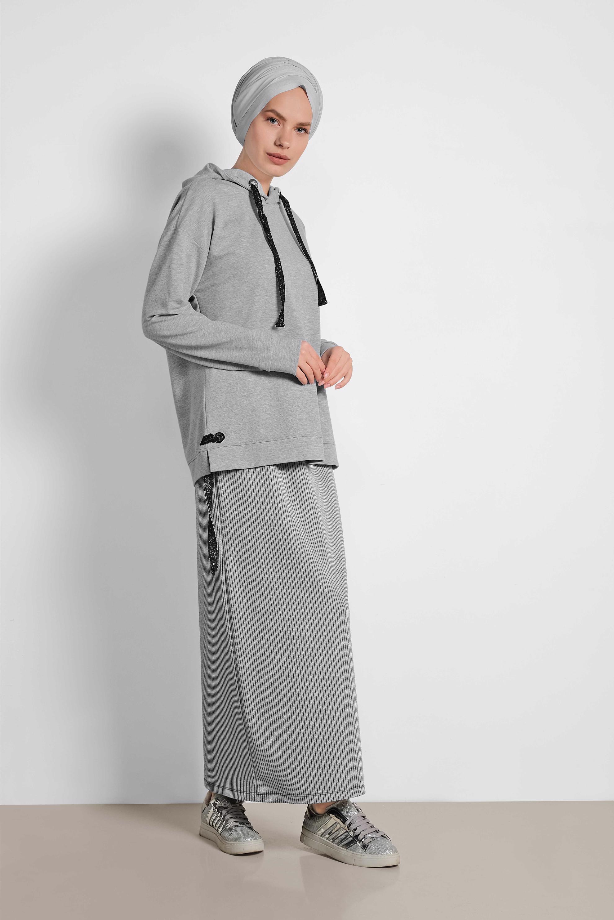 Tesettür giyim GÜMÜŞ BELİ LASTİKLİ FİTİLLİ SİMLİ ETEK 6324