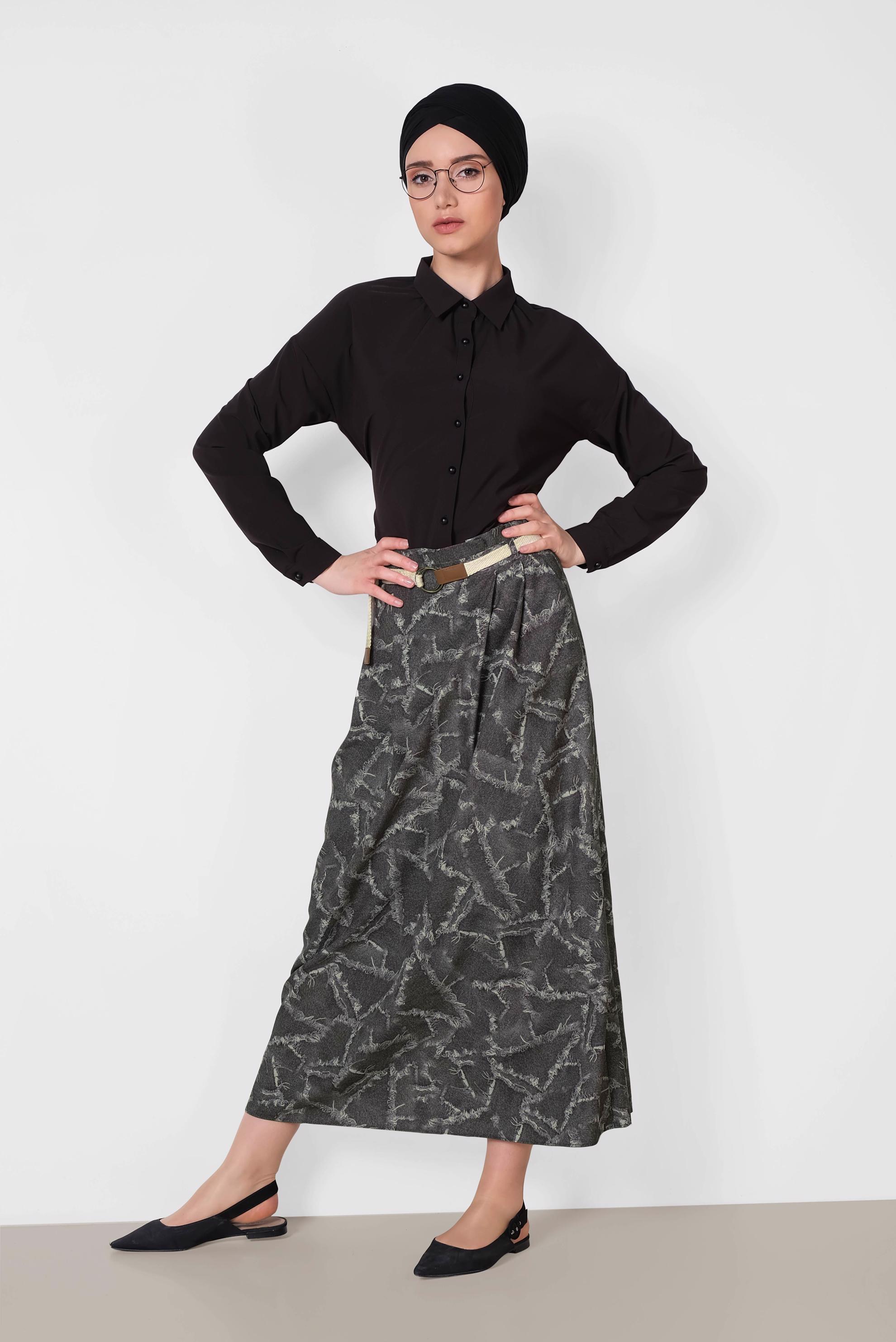 Tesettür giyim GRİ BELİ KEMERLİ DESENLİ ETEK 6326
