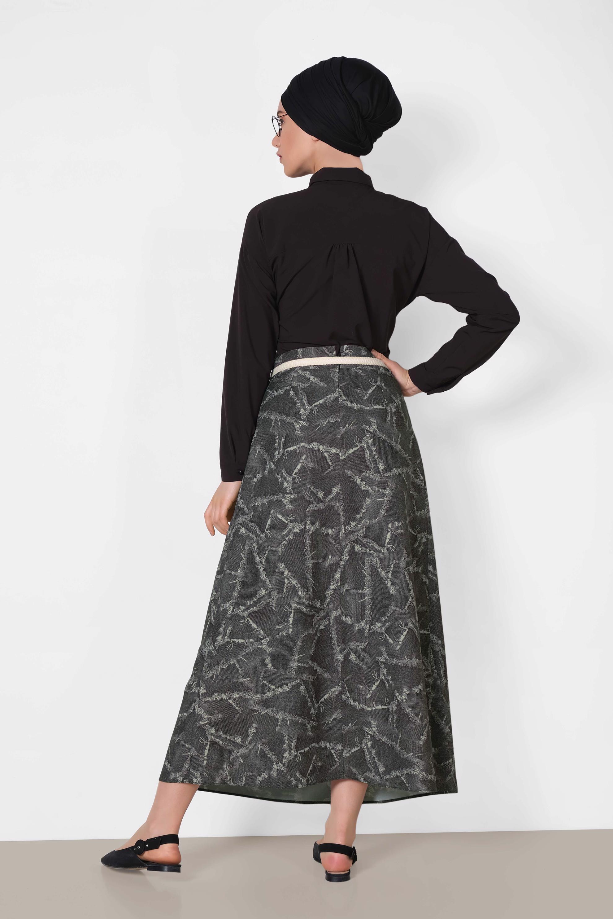 Tesettür giyim GRİ BELİ KEMERLİ DESENLİ ETEK 6326