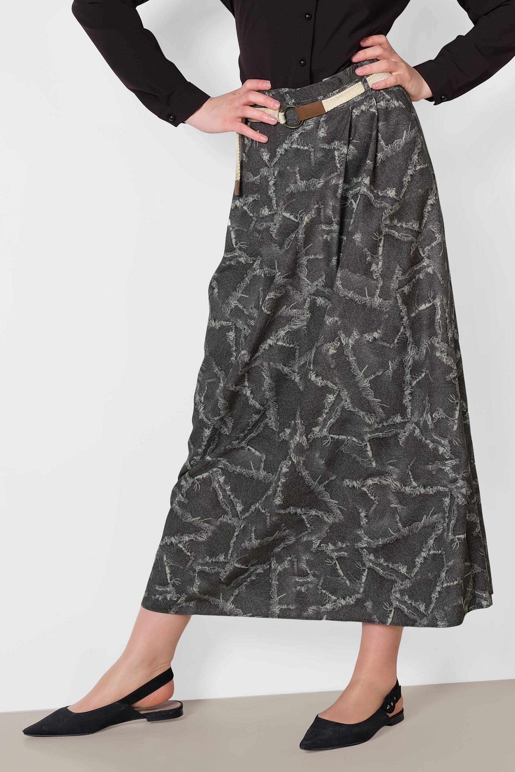 Tesettür giyim GRİ BELİ KEMERLİ DESENLİ ETEK 6326