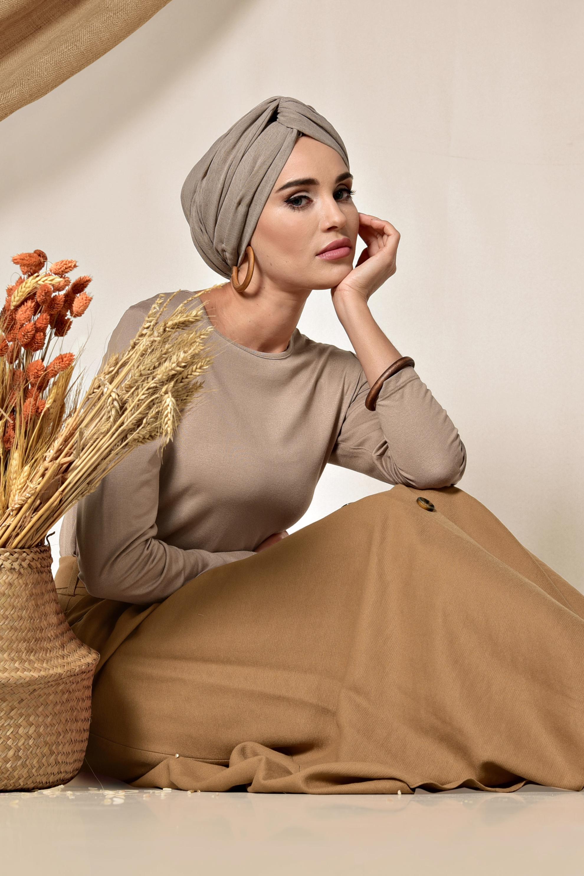 Tesettür giyim KAHVE ÖNDEN DÜĞMELİ KUŞAKLI ETEK 6328